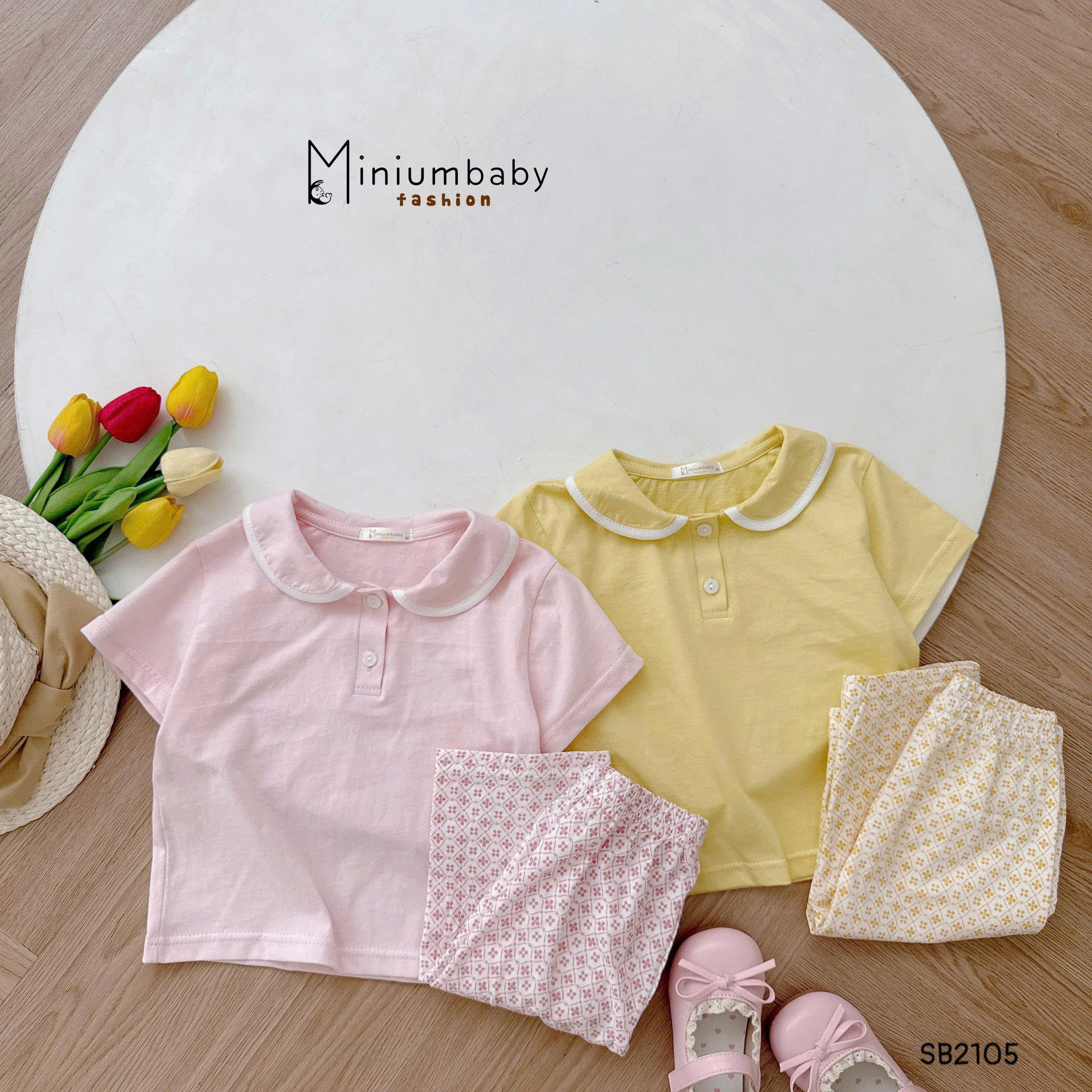 Set cộc tay cổ sen quần lửng cho bé gái MINIUMBABY
