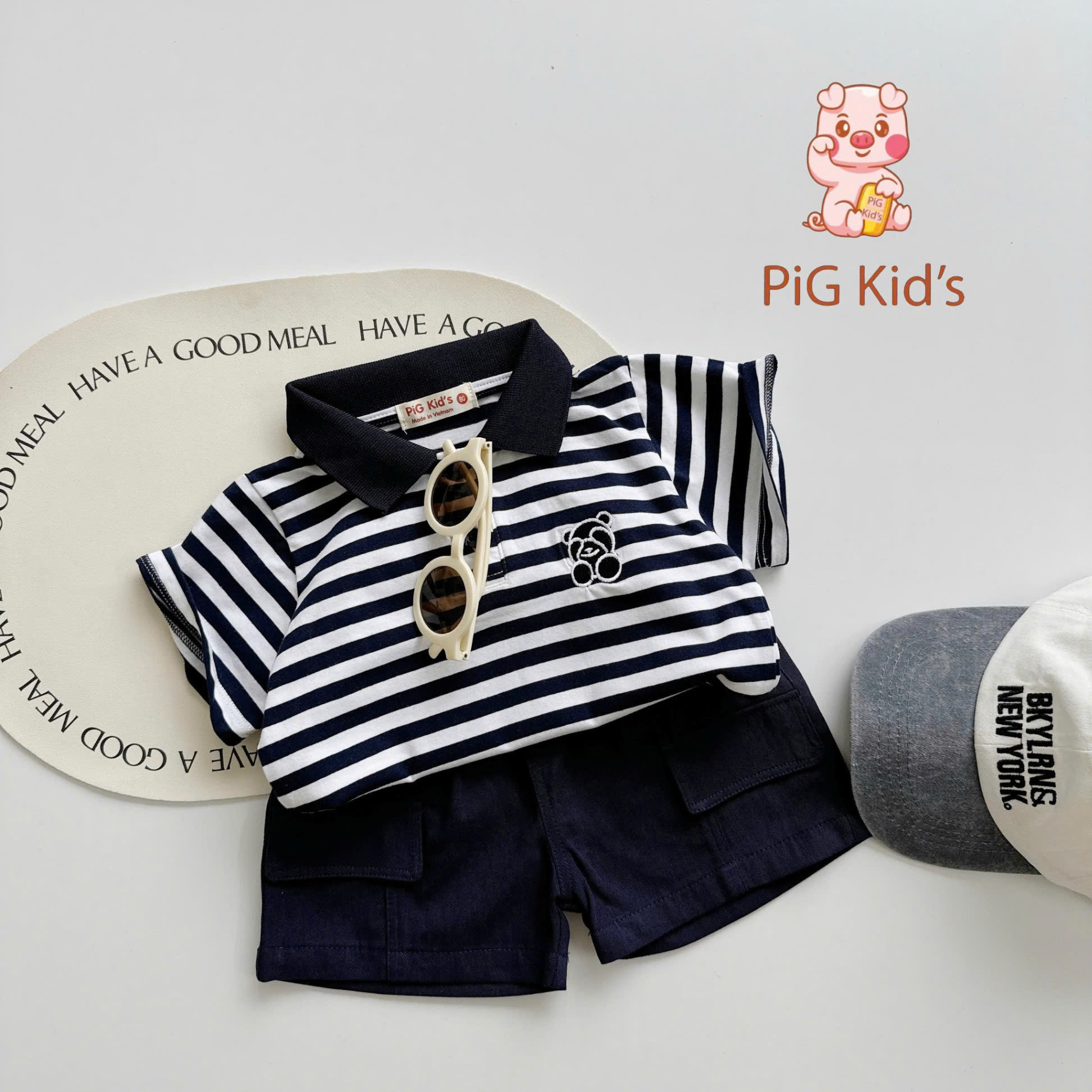 Set cộc tay polo kẻ ngang in gấu Pig Kid