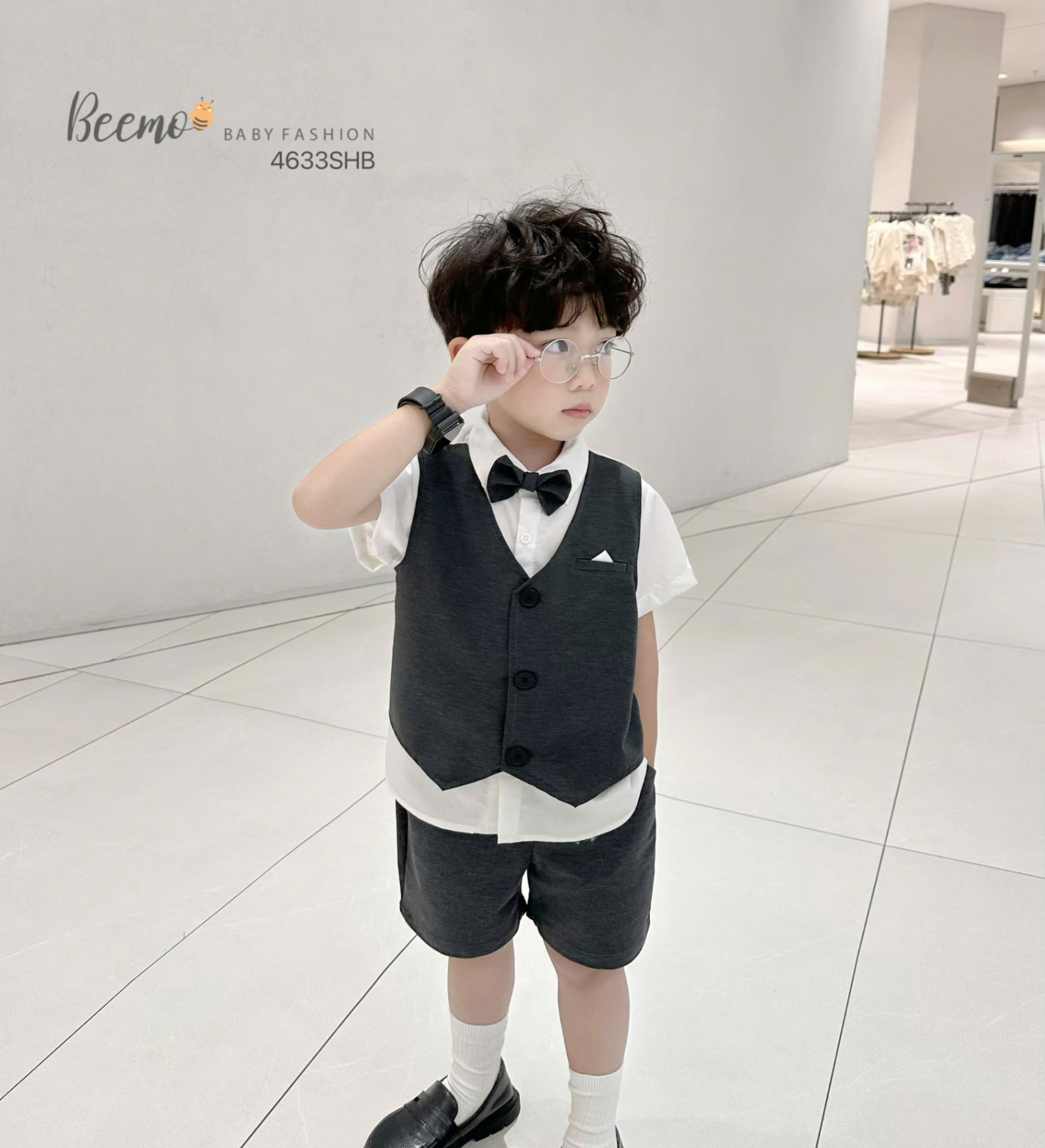 Set cộc tay sơ mi gile kèm nơ Beemo