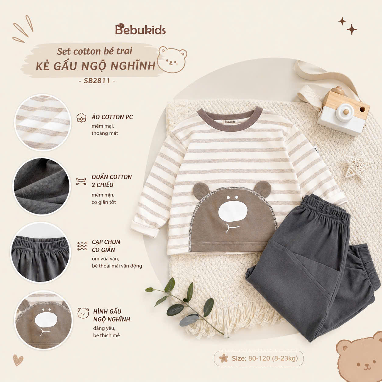 Set cotton bé trai kẻ gấu ngộ nghĩnh BEBUKIDS