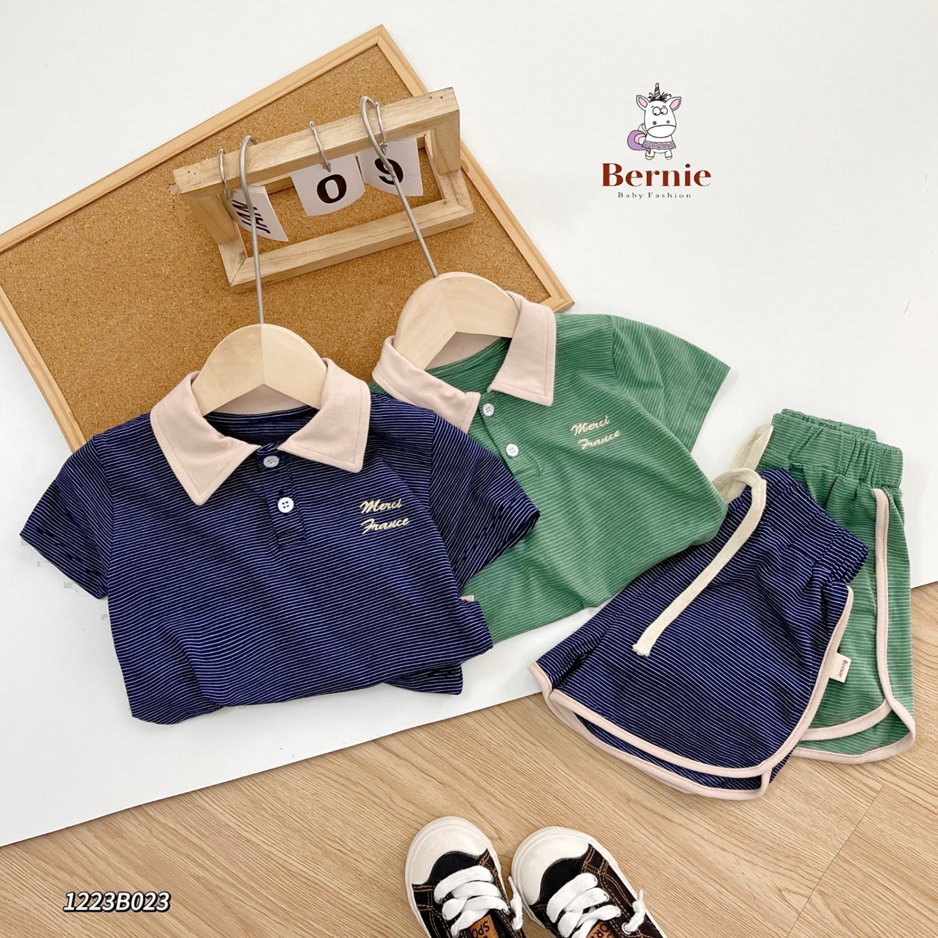 Set cotton cộc áo polo hoạ tiết chữ thêu phối quần short (sooc) viền dáng thể thao Bernie cho bé