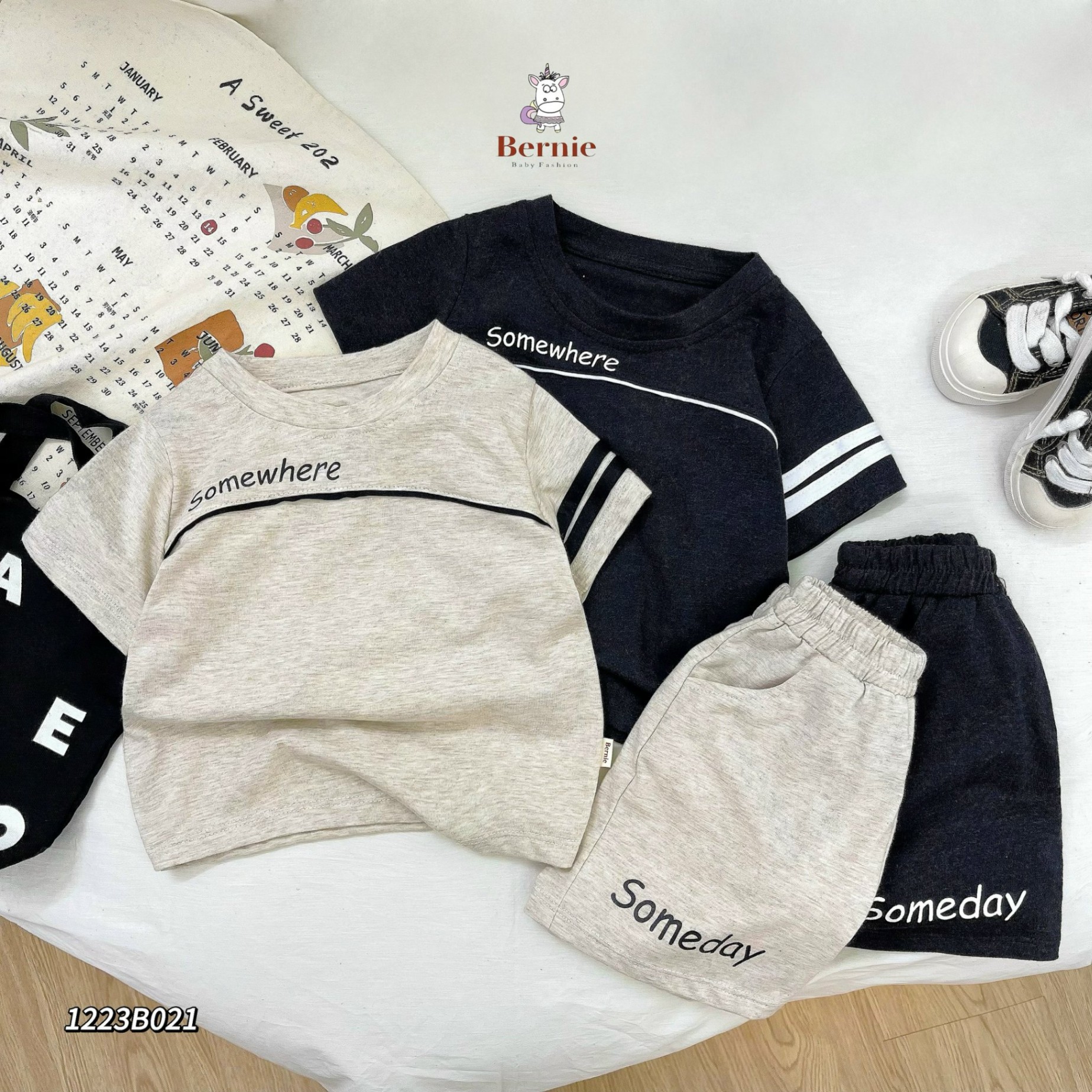 Set cotton cộc in chữ SomeWhere Bernie cho bé trai