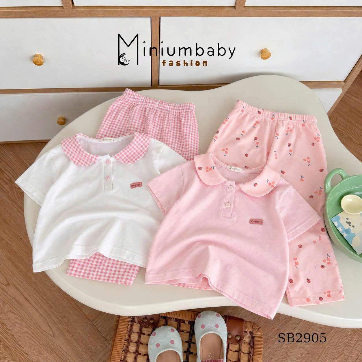 Set cotton cộc tay quần ngố tone trắng hồng MINIUMBABY