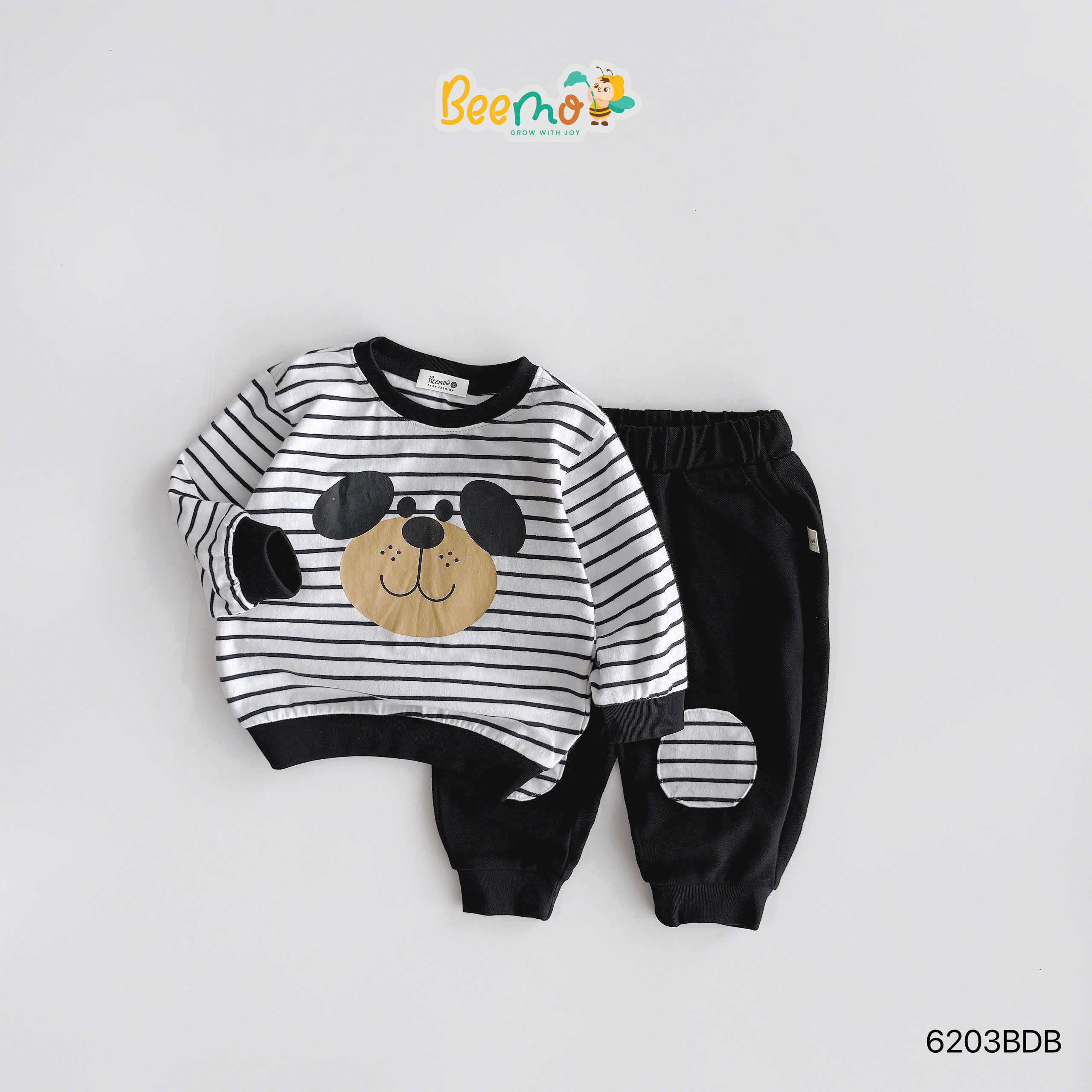Set cotton dài tay kẻ ngang hình chú chó Beemo