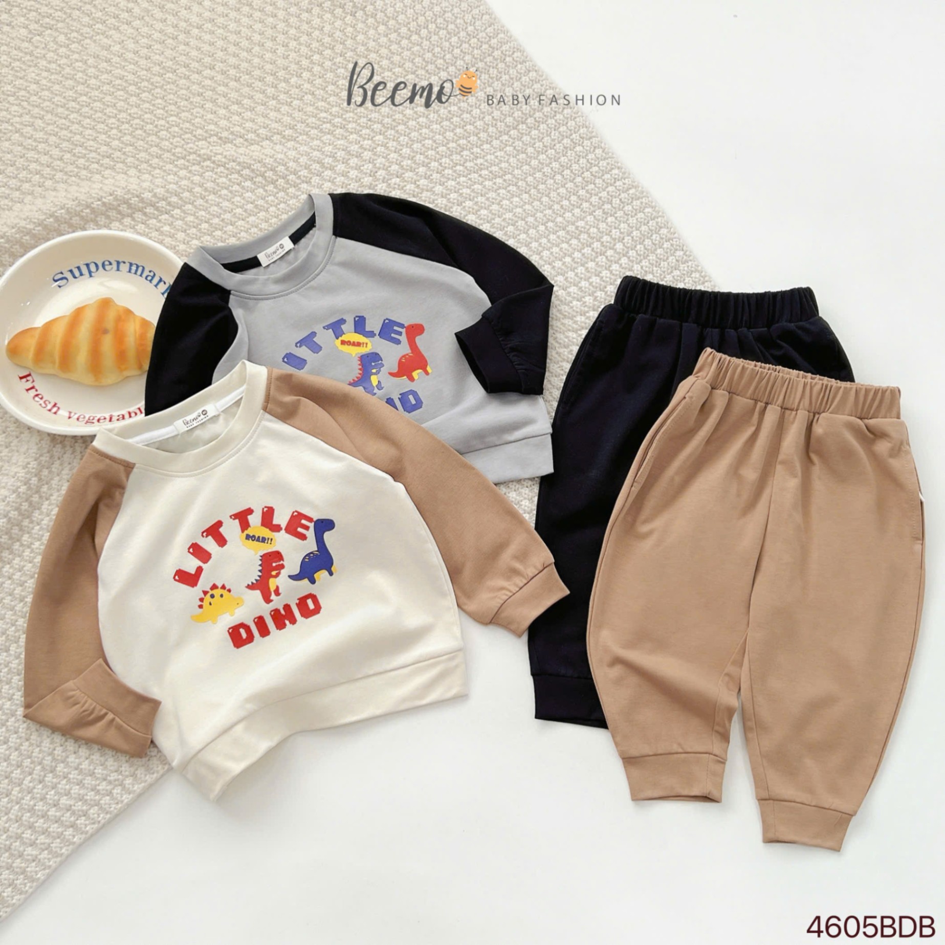 Set cotton dài tay raglan little dino Beemo cho bé