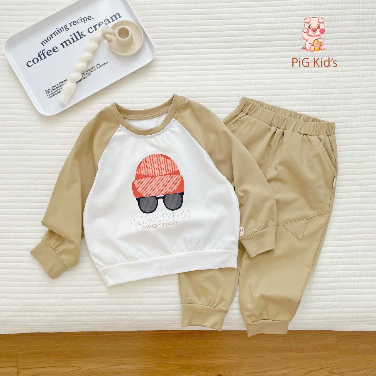 Set cotton dài tay zaglan hình in xinh xắn Pig Kid cho bé
