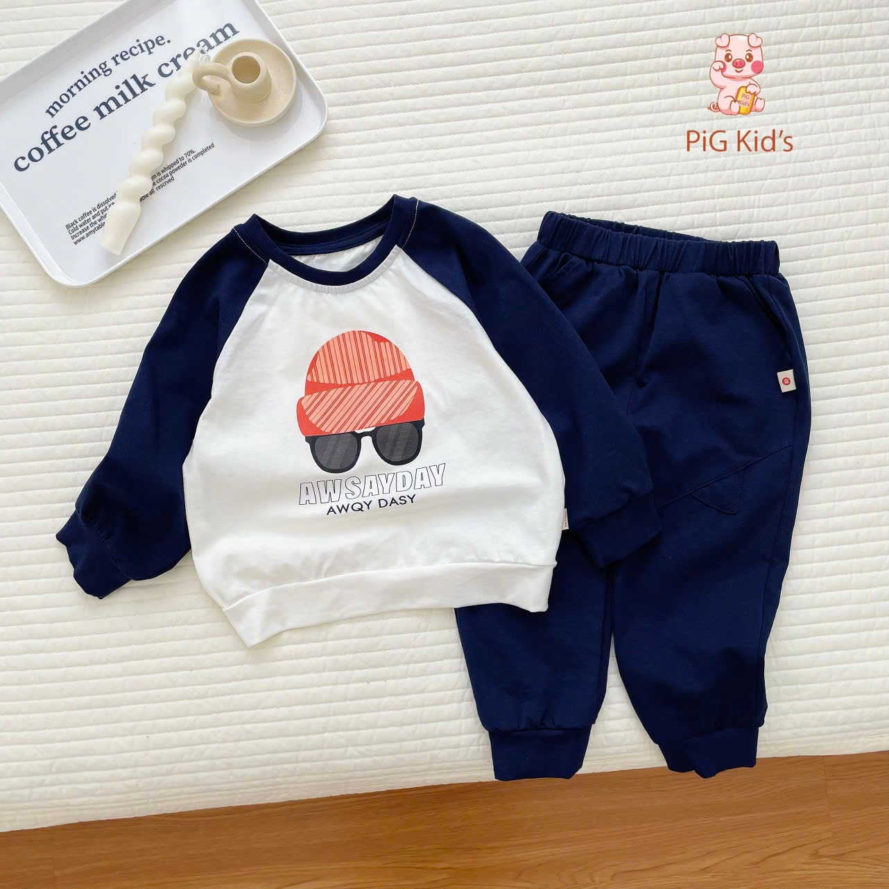 Set cotton dài tay zaglan hình in xinh xắn Pig Kid cho bé