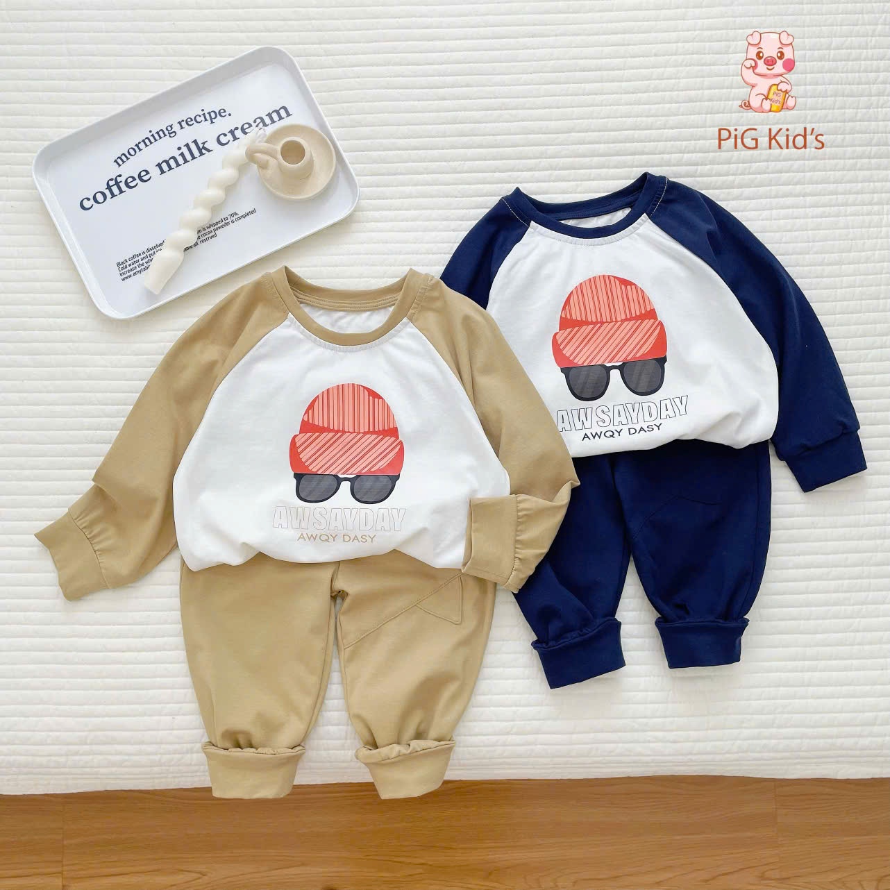 Set cotton dài tay zaglan hình in xinh xắn Pig Kid cho bé