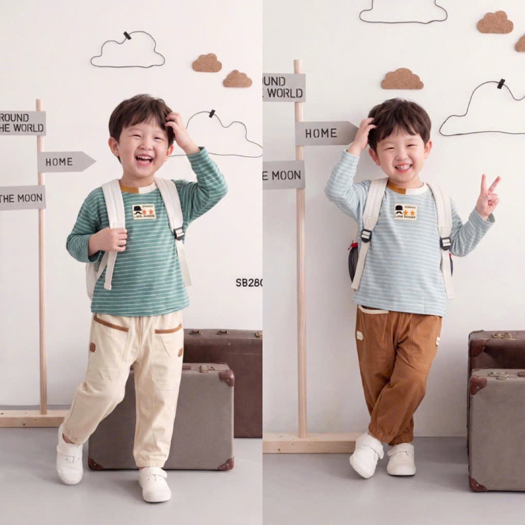 Set cotton kẻ dài tay tone xanh BEBUKIDS