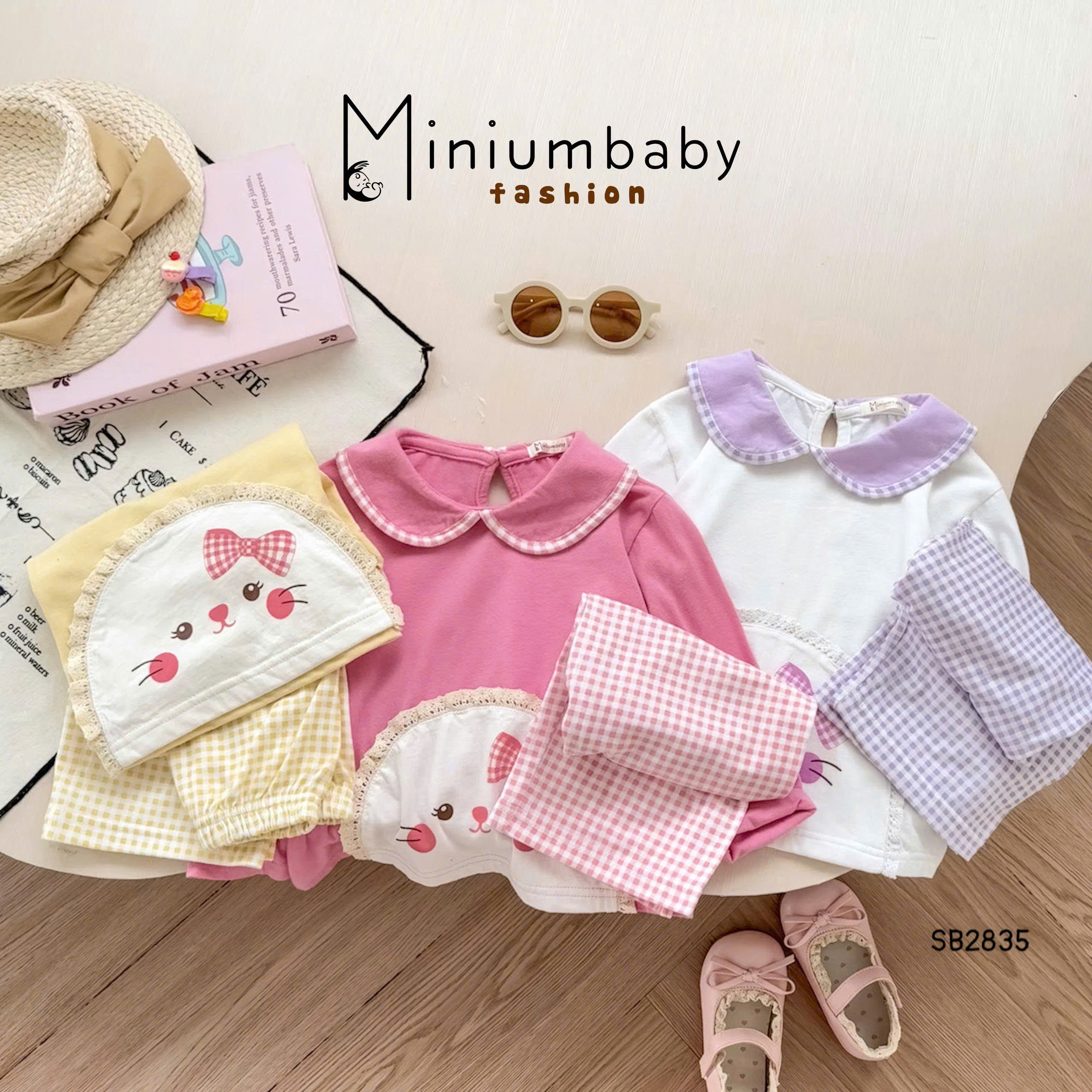 Set dài tay cổ sen hình chú mèo nơ MINIUMBABY
