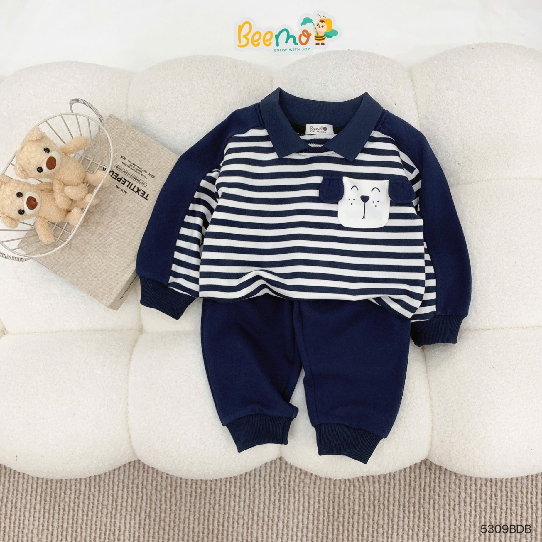 Set dài tay nỉ da cá kẻ ngang phối túi Beemo