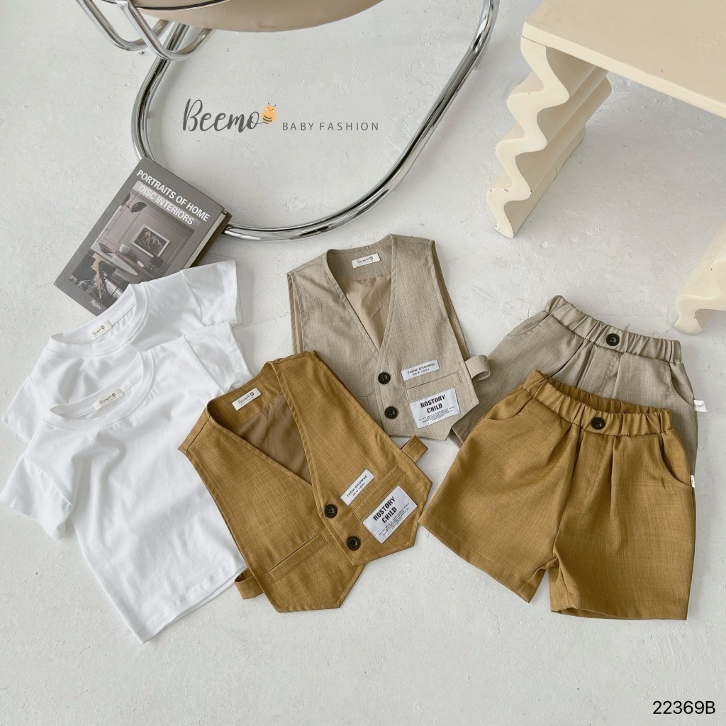 Set gile 3 chi tiết gồm áo gile tag, áo phông trắng, quần short Beemo cho bé