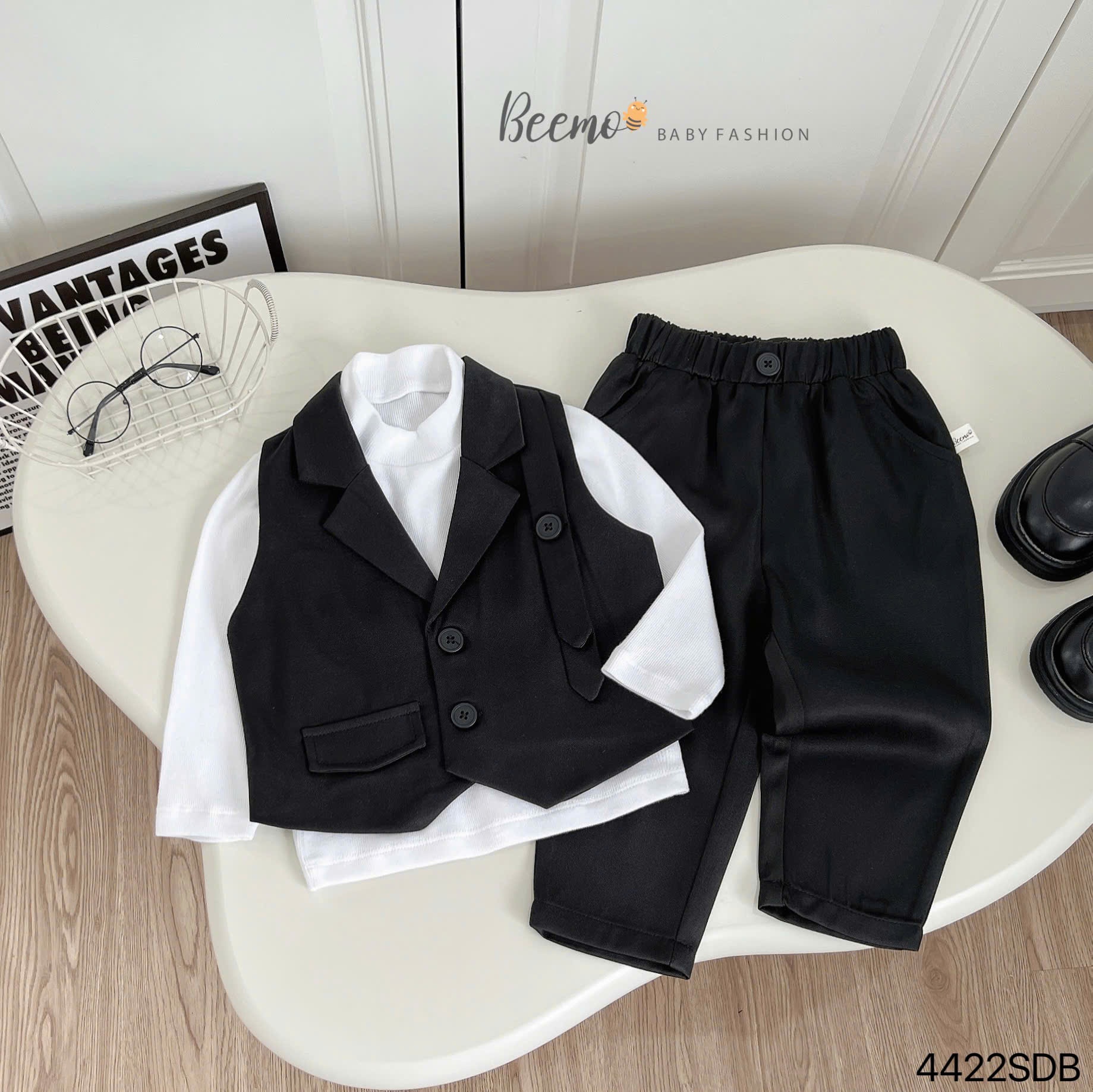 Set gile cổ vest phối đai 3 chi tiết Beemo cho bé