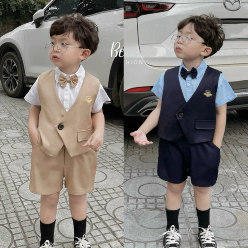 Set gile cộc tay 5 chi tiết gồm áo gile, áo sơ mi, quần short, đai và nơ Beemo