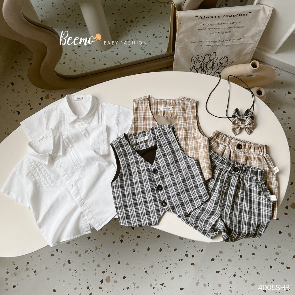 Set gile công tử cộc tay Beemo in họa tiết kẻ 4 chi tiết (kèm áo sơ mi cộc và nơ cổ) phong cách Hàn quốc cho bé