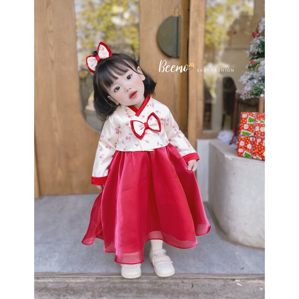 Set hanbok tường vi Beemo cho bé gái, set HANBOK hoa kèm nơ kẹp tóc cho bé sz 8-23kg