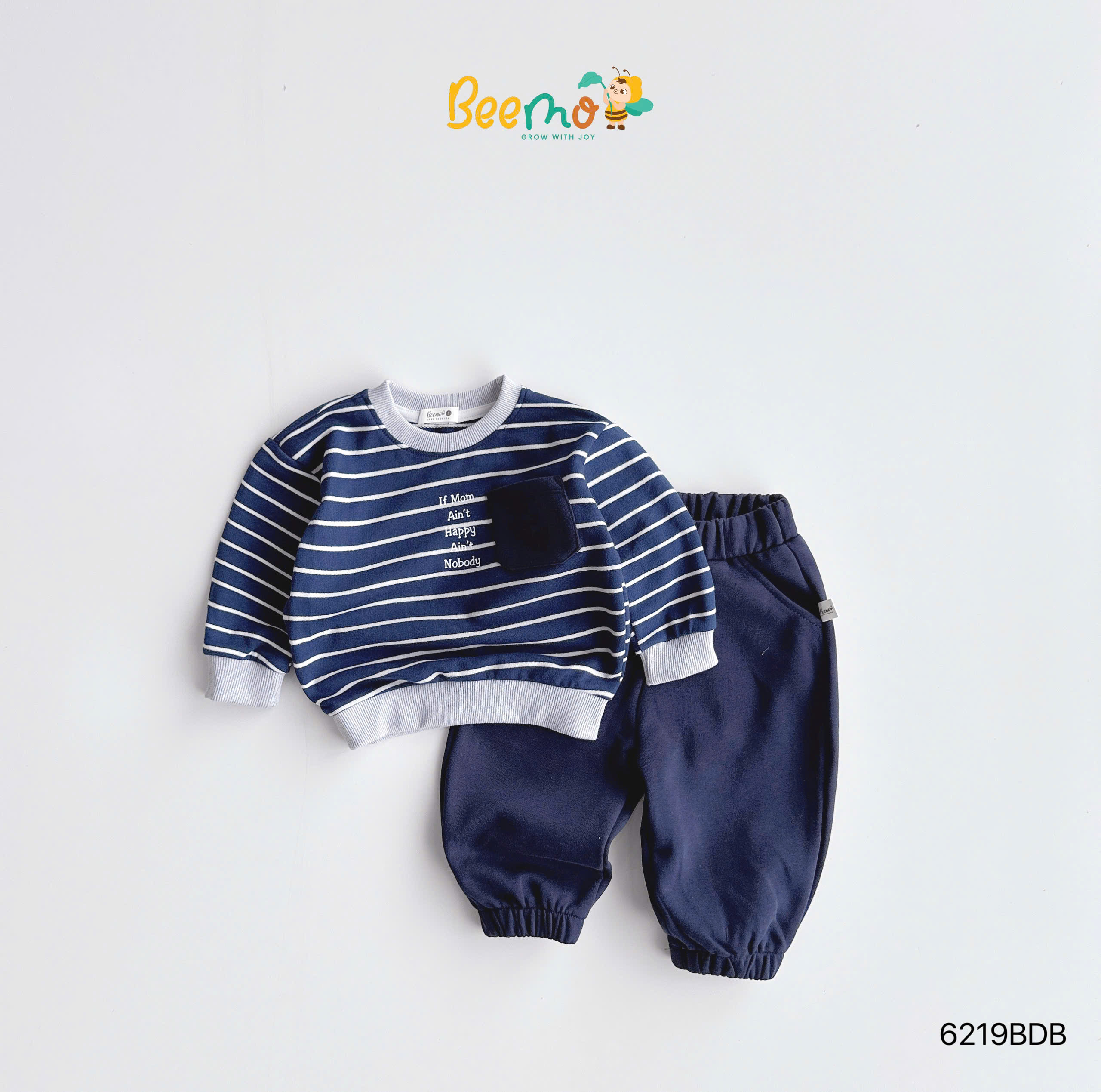 Set nỉ da cá kẻ ngang phối túi in chữ BEEMO