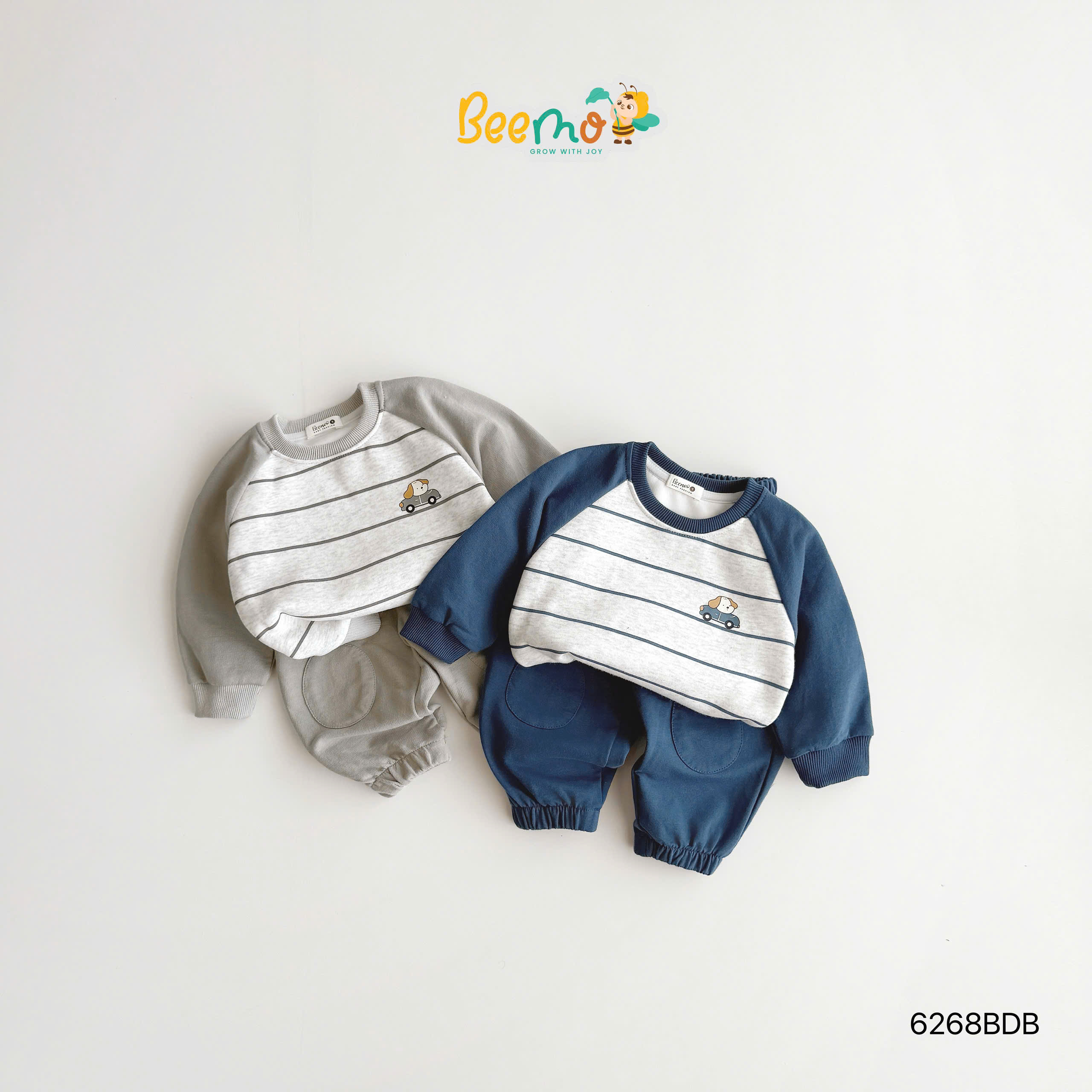 Set nỉ phối thân kẻ ngang in hình cún BEEMO
