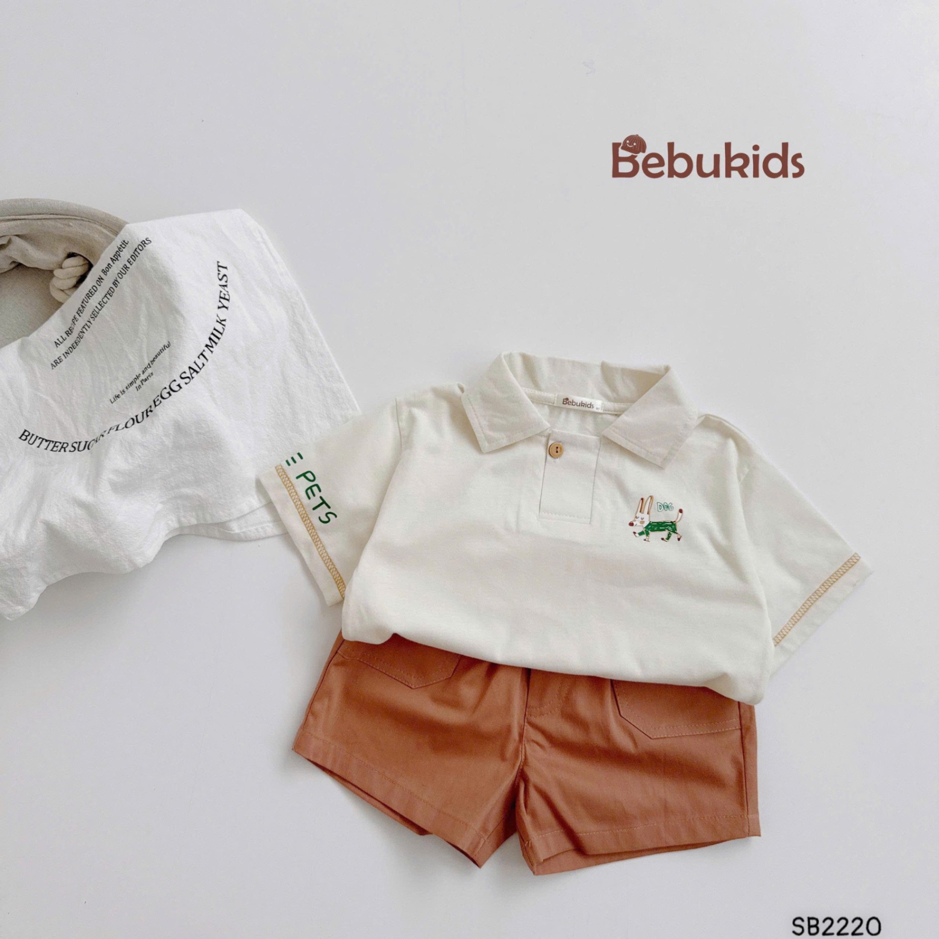 Set polo bảnh bao in hình chú chó cho bé trai BEBUKIDS