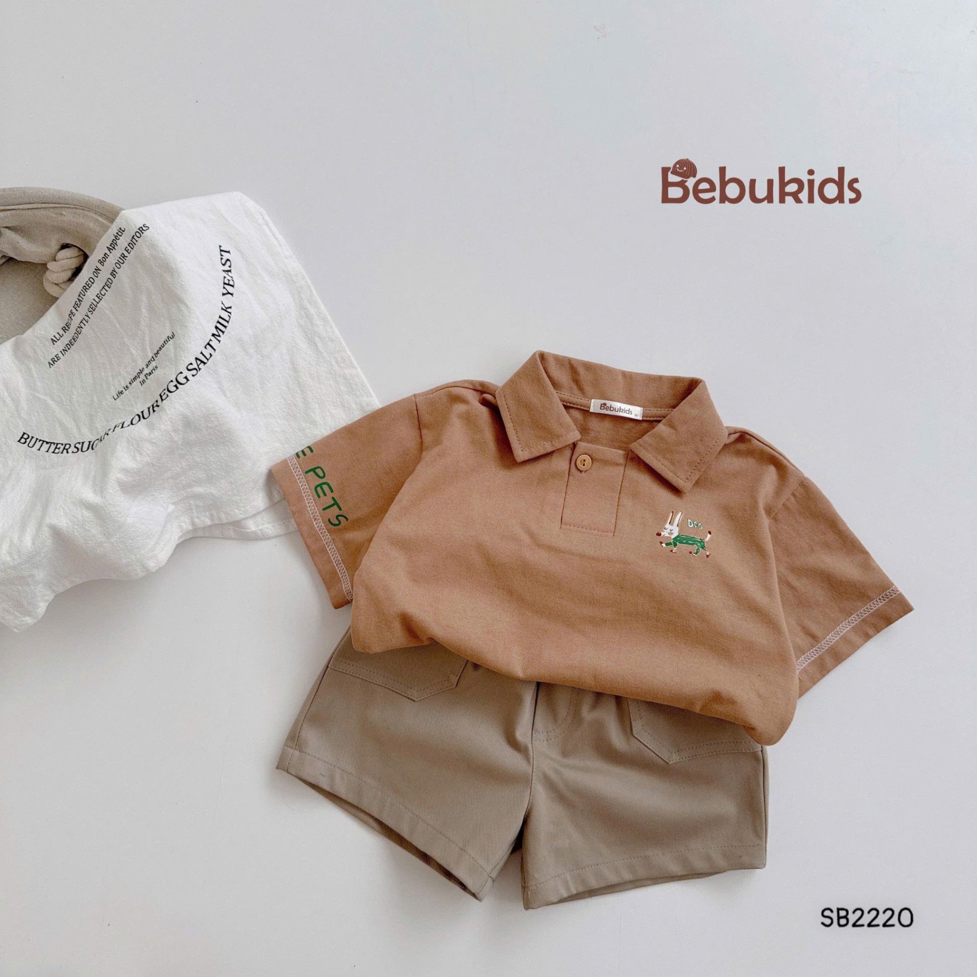 Set polo bảnh bao in hình chú chó cho bé trai BEBUKIDS