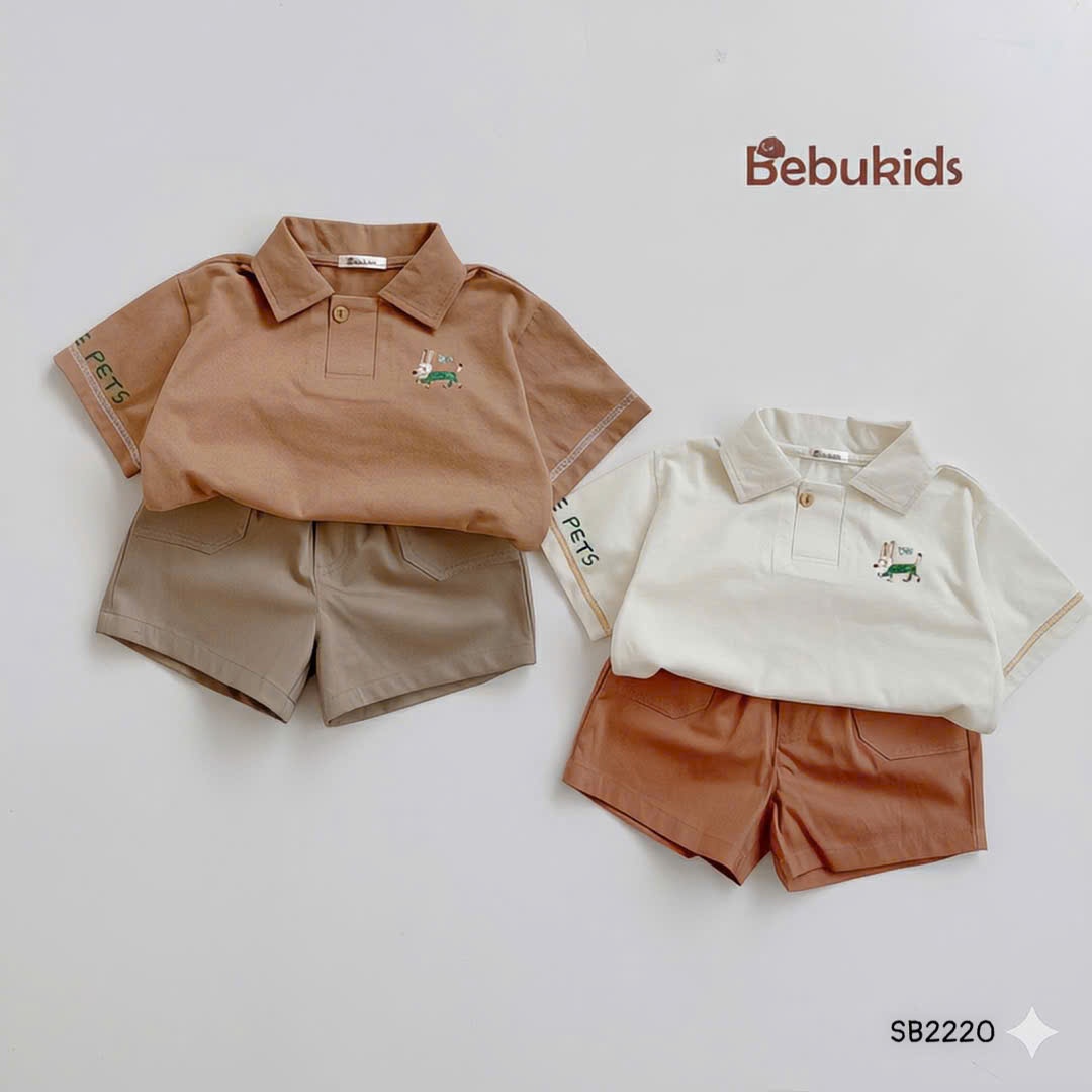 Set polo bảnh bao in hình chú chó cho bé trai BEBUKIDS