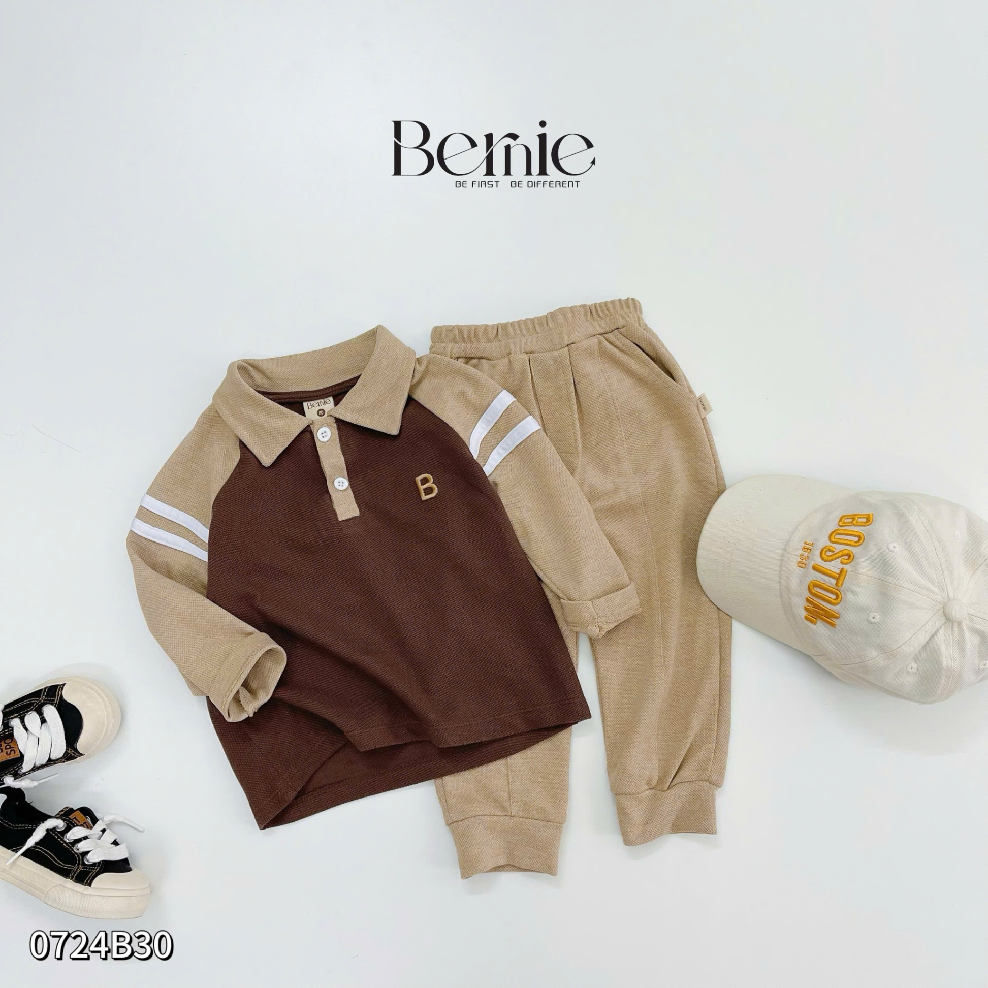Set polo cá sấu dài tay phối kẻ Bernie cho bé