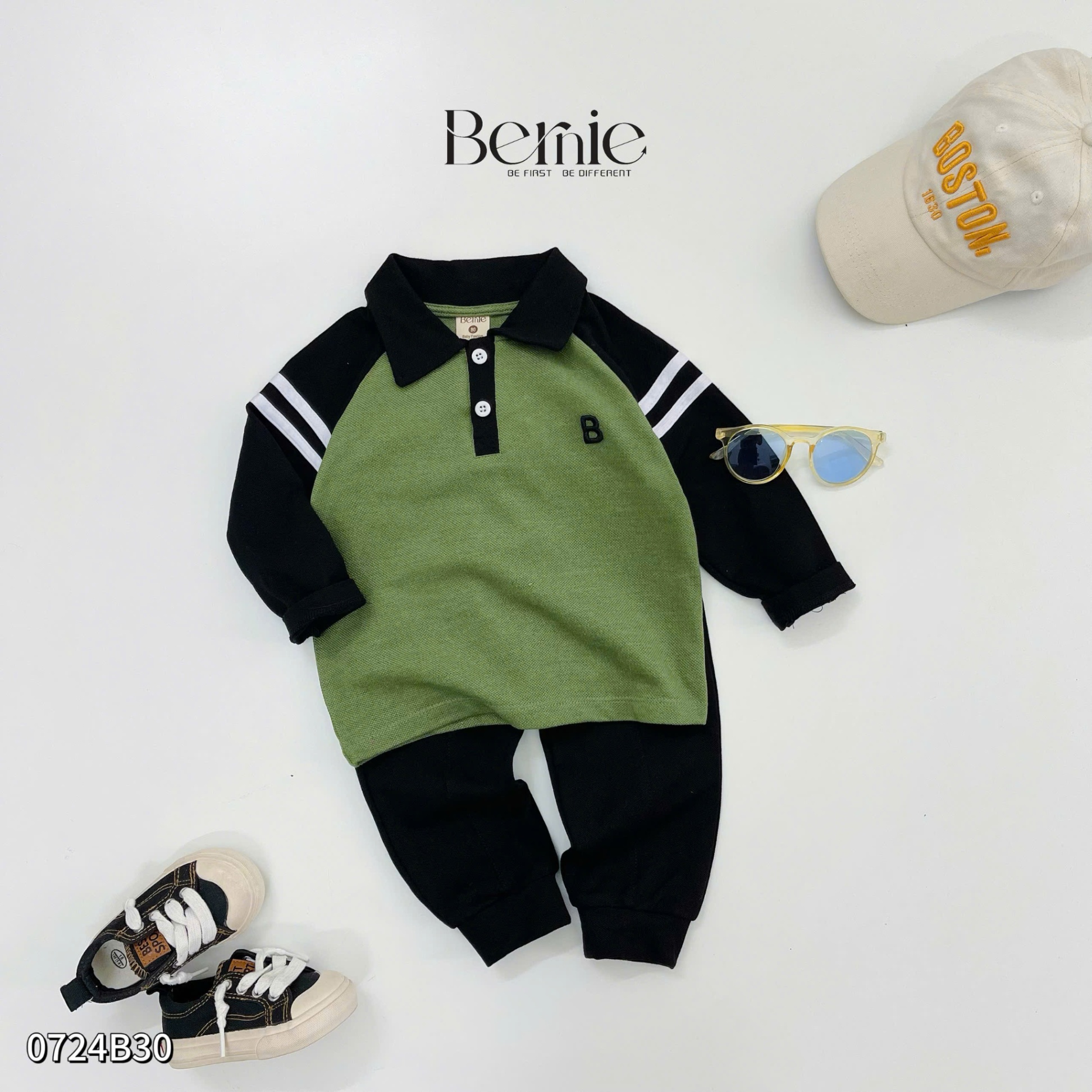 Set polo cá sấu dài tay phối kẻ Bernie cho bé