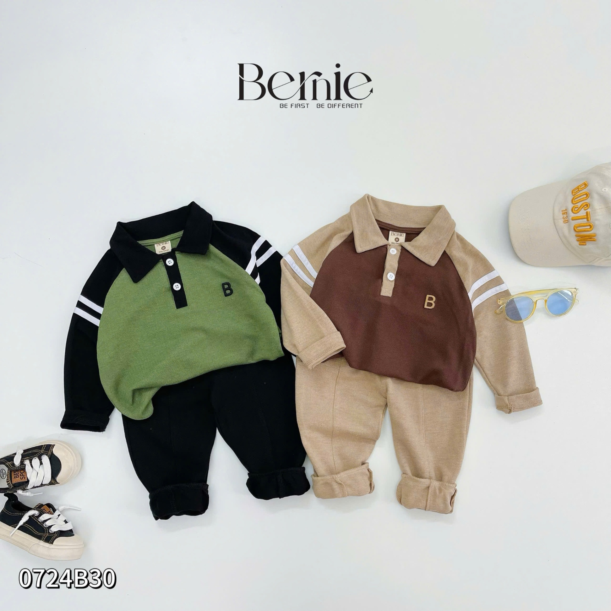 Set polo cá sấu dài tay phối kẻ Bernie cho bé