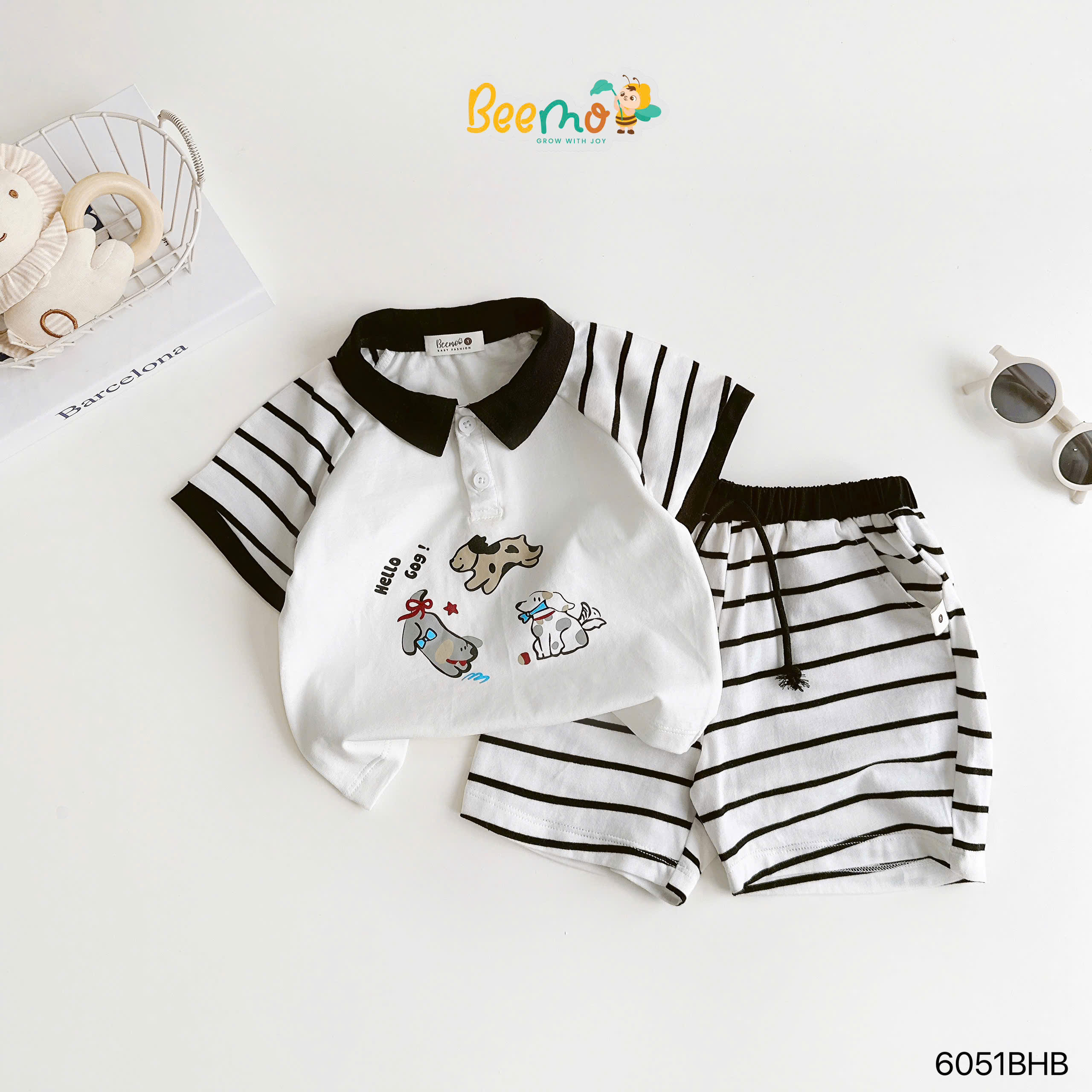 Set polo cộc phối tay raglan in hình chú chó Beemo