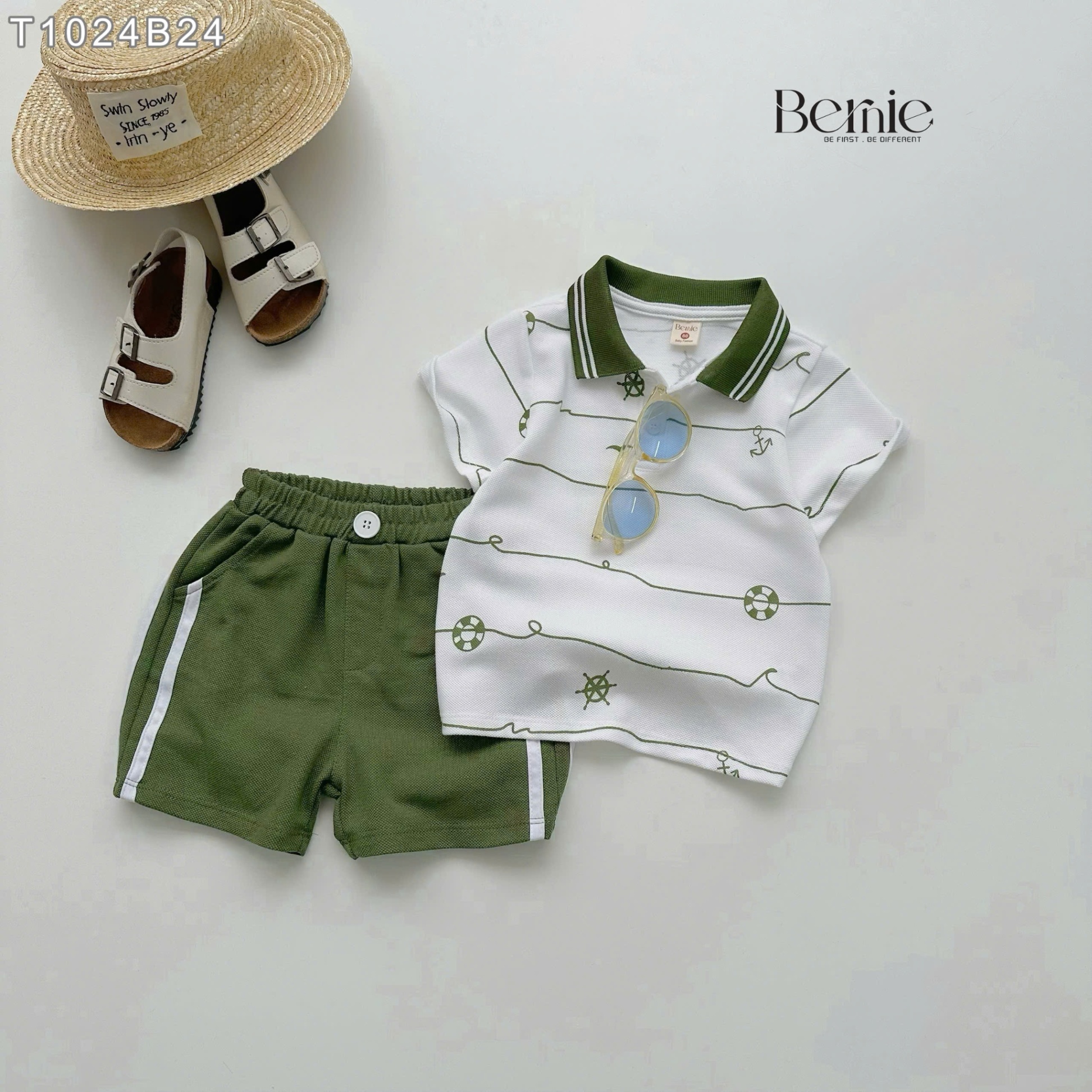 Set polo cộc tay họa tiết biển xanh Bernie
