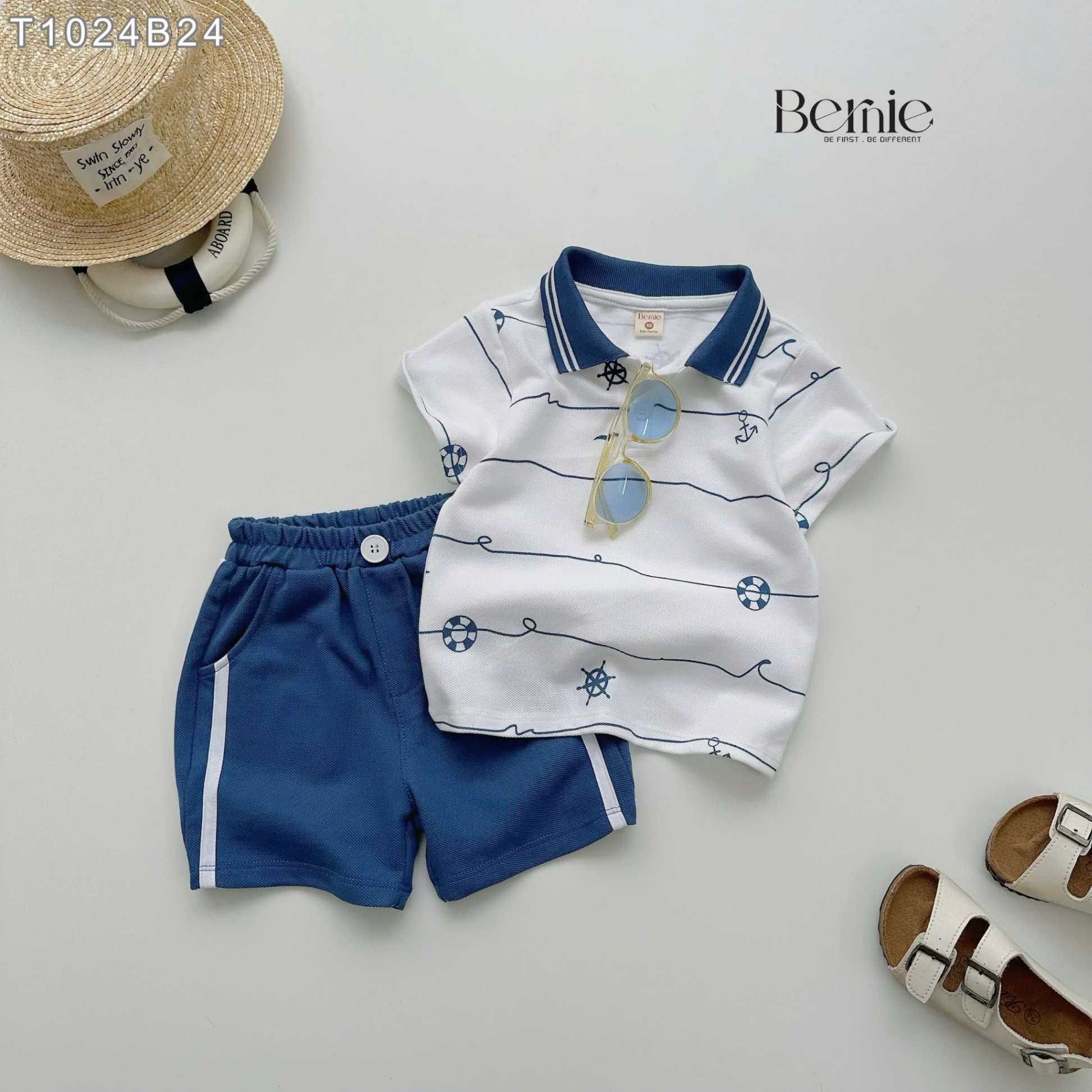 Set polo cộc tay họa tiết biển xanh Bernie
