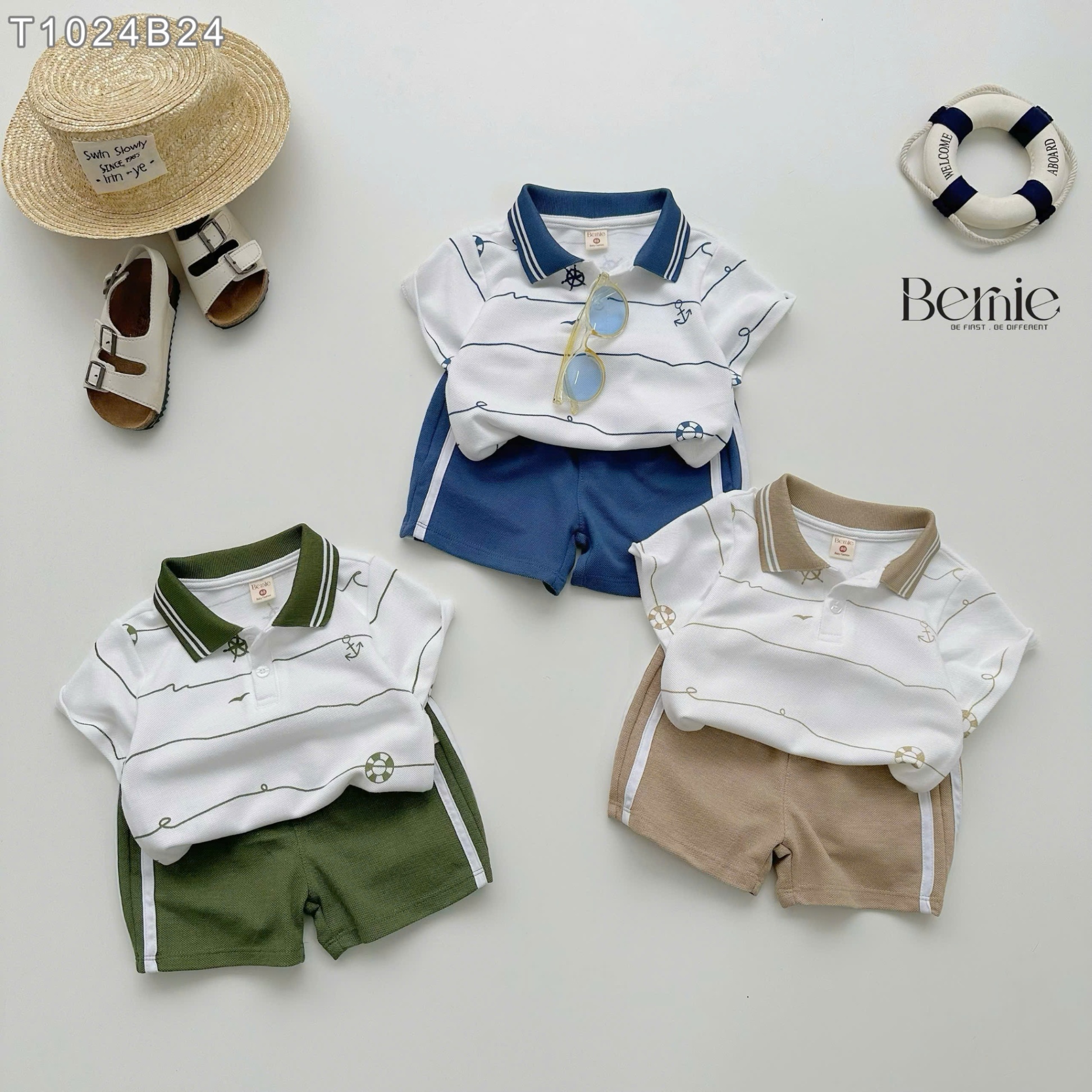 Set polo cộc tay họa tiết biển xanh Bernie