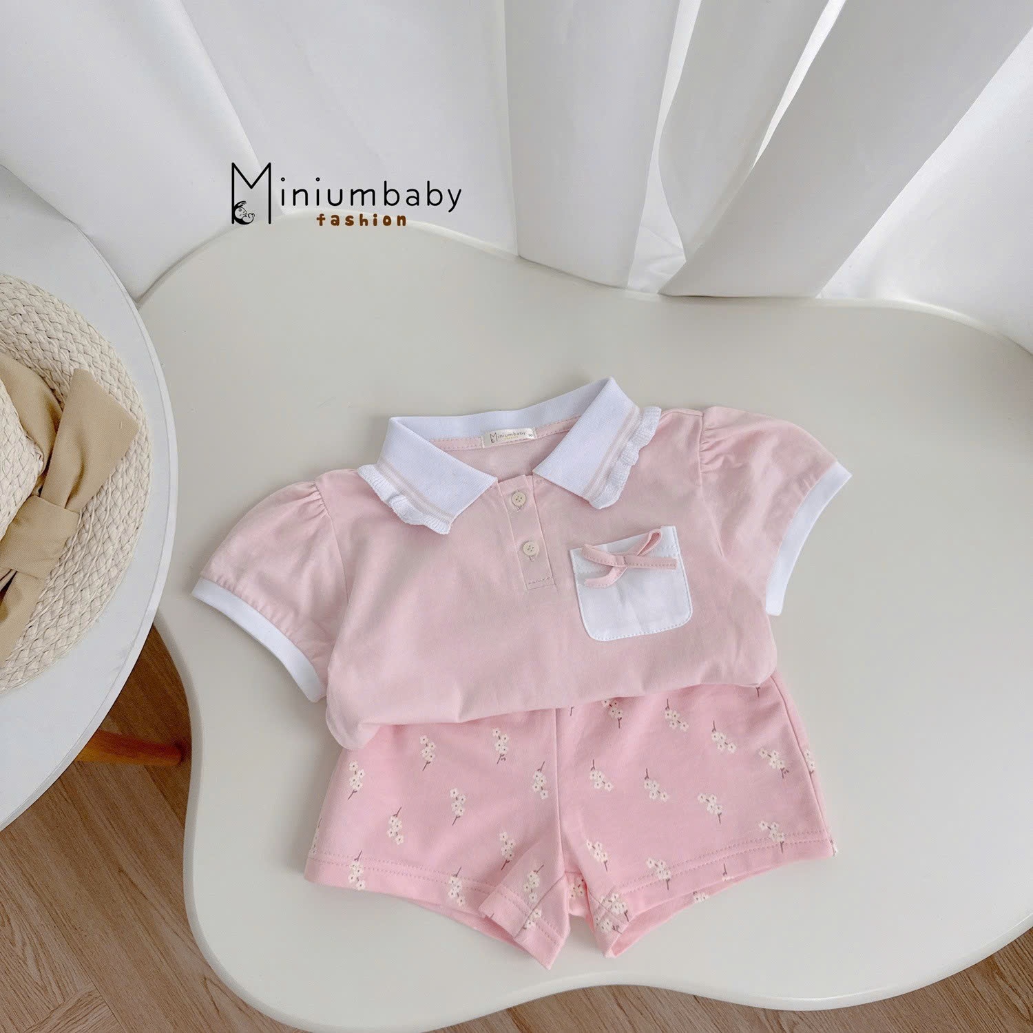 Set polo cộc tone hồng cho bé gái BEBUKIDS