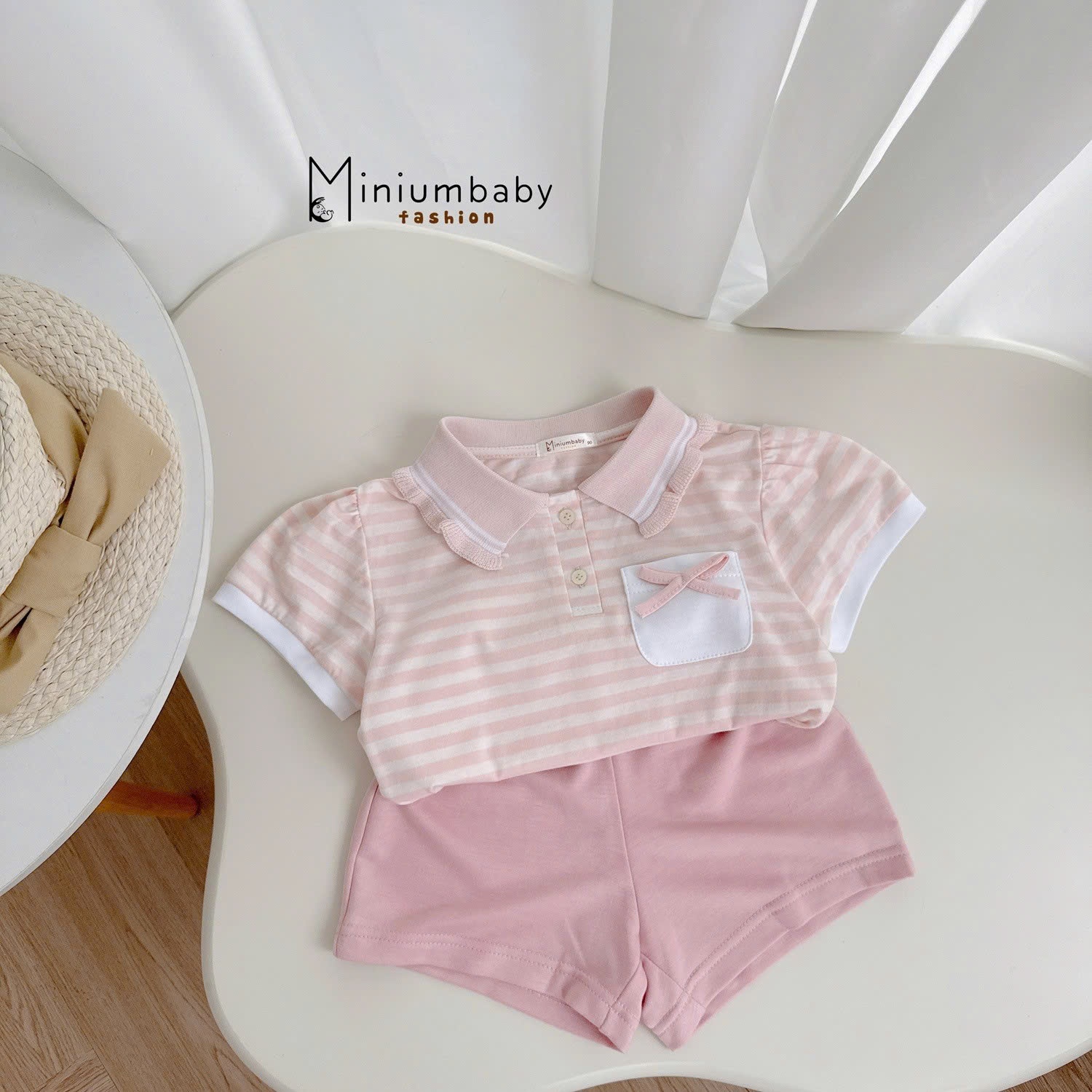 Set polo cộc tone hồng cho bé gái BEBUKIDS