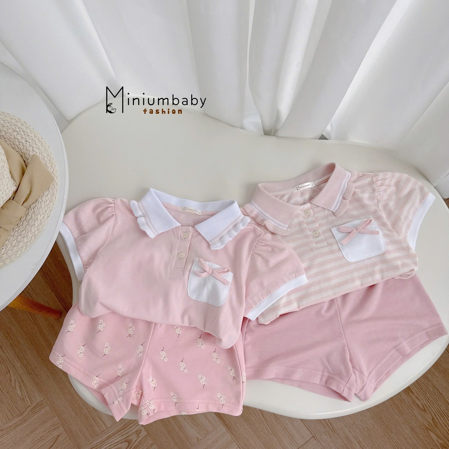 Set polo cộc tone hồng cho bé gái BEBUKIDS
