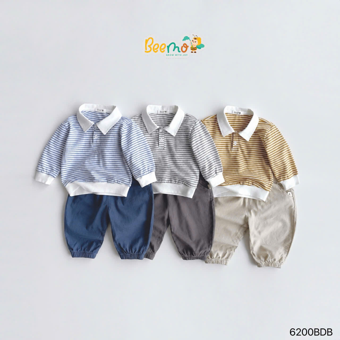 Set polo cotton họa tiết kẻ ngang Beemo