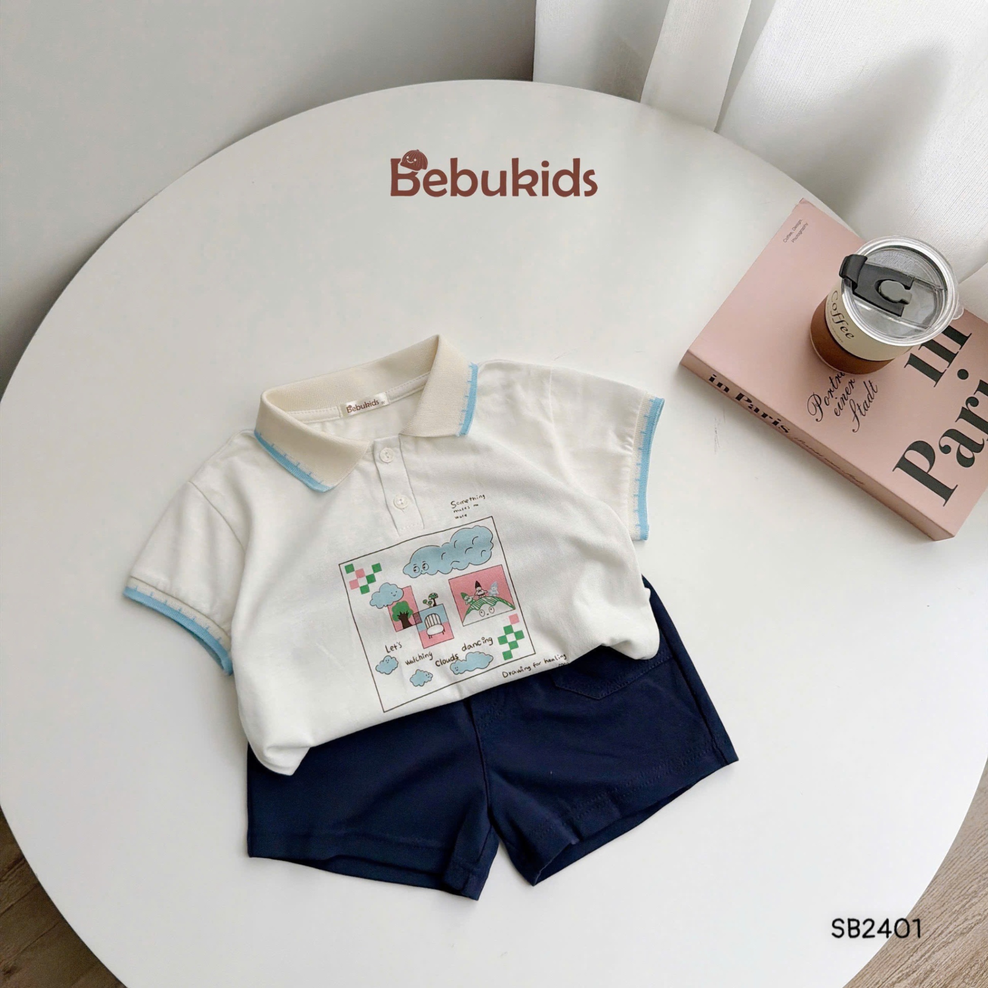 Set polo cotton in hình đám mây BEBUKIDS