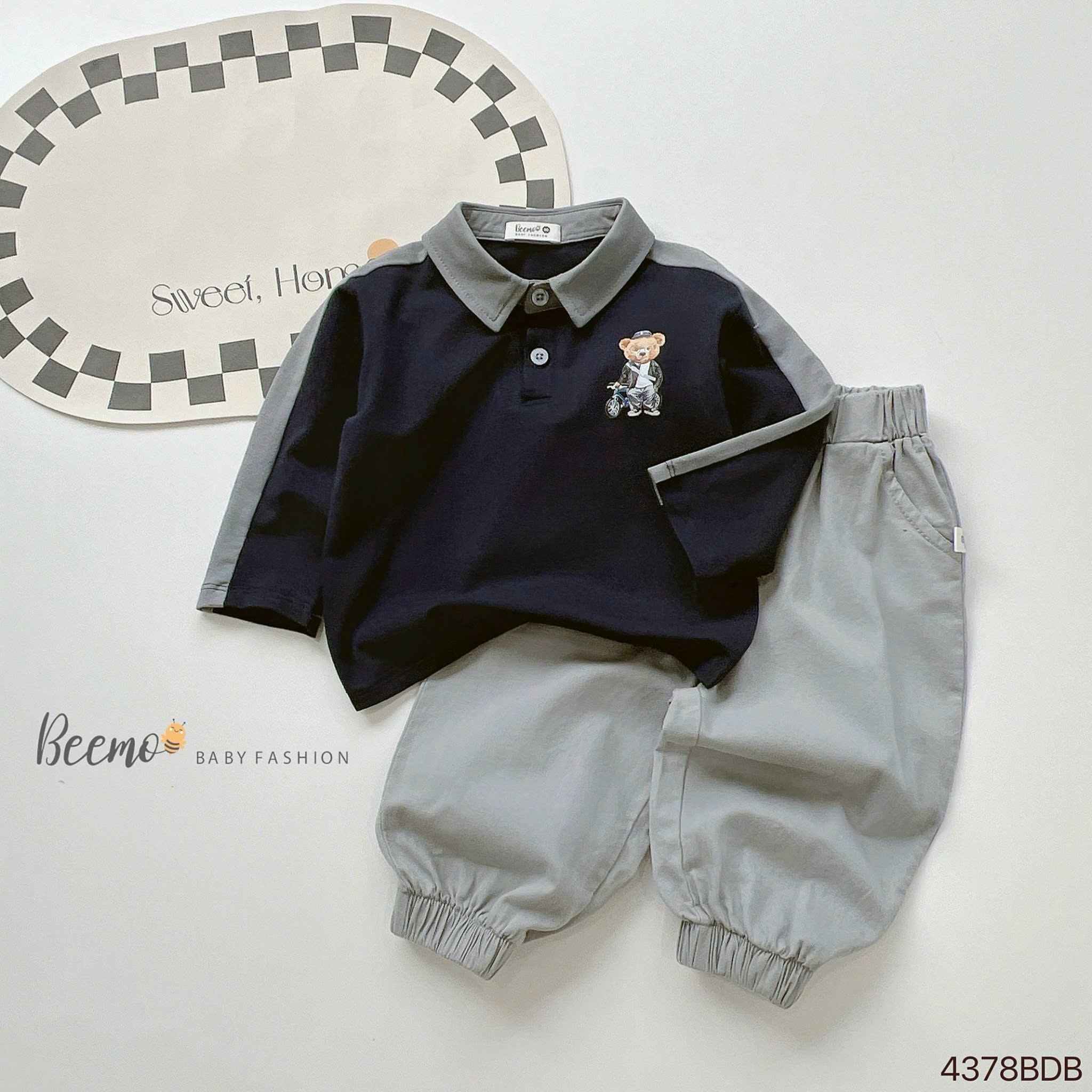 Set polo dài tay phối in hình gấu Beemo cho bé