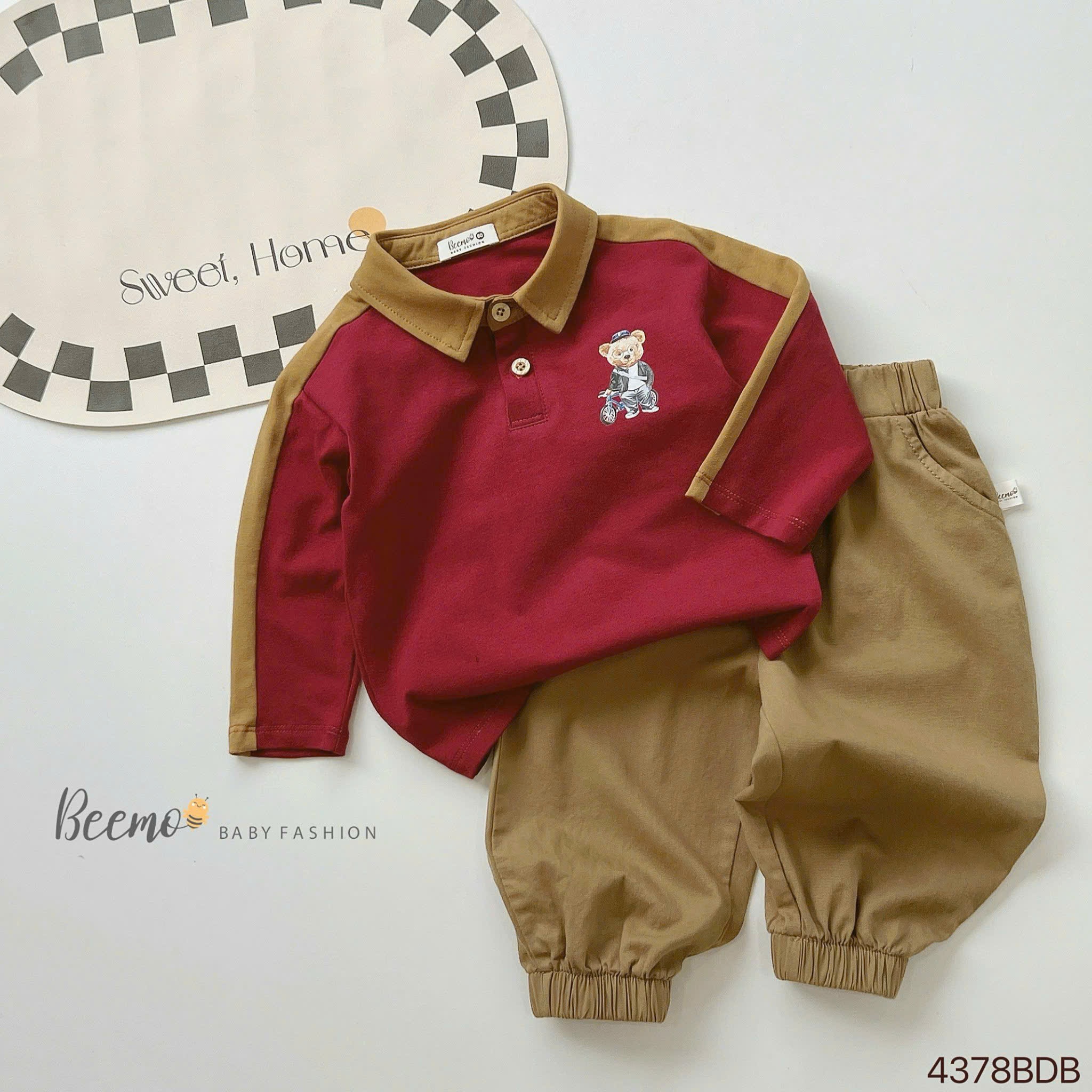 Set polo dài tay phối in hình gấu Beemo cho bé