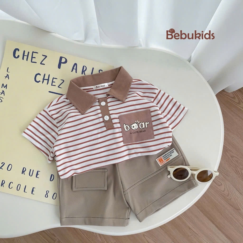 Set polo kẻ cá tính cho bé trai BEBUKIDS