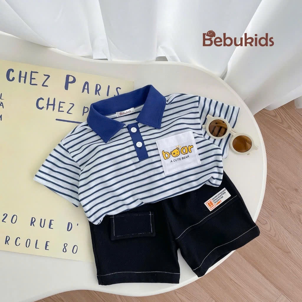 Set polo kẻ cá tính cho bé trai BEBUKIDS