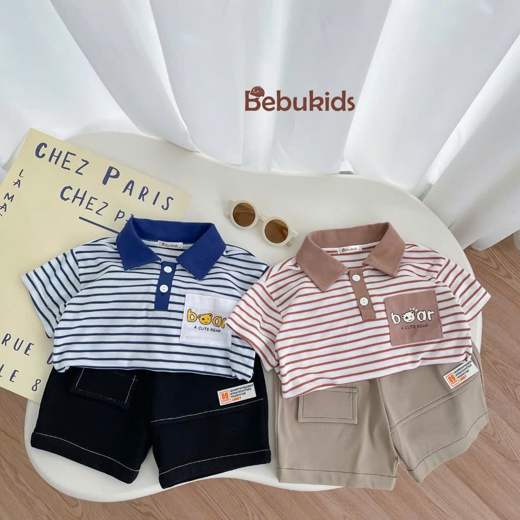 Set polo kẻ cá tính cho bé trai BEBUKIDS