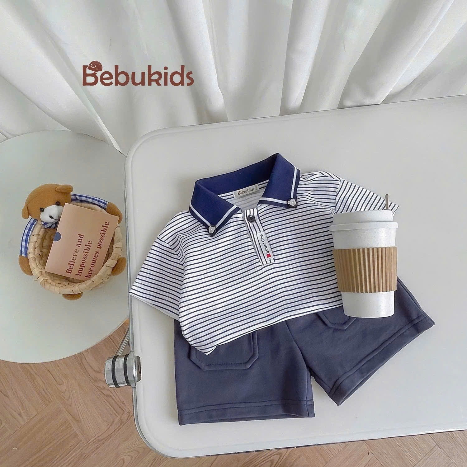 Set polo kẻ cộc tay cho bé trai BEBUKIDS