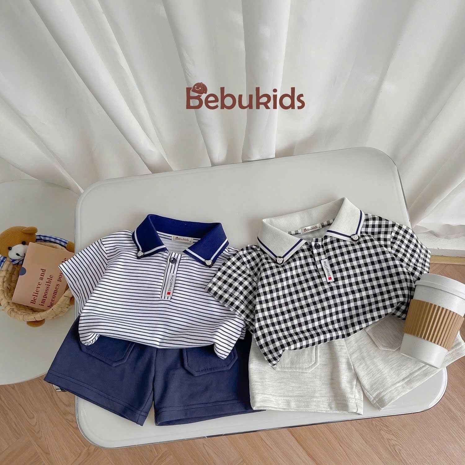 Set polo kẻ cộc tay cho bé trai BEBUKIDS