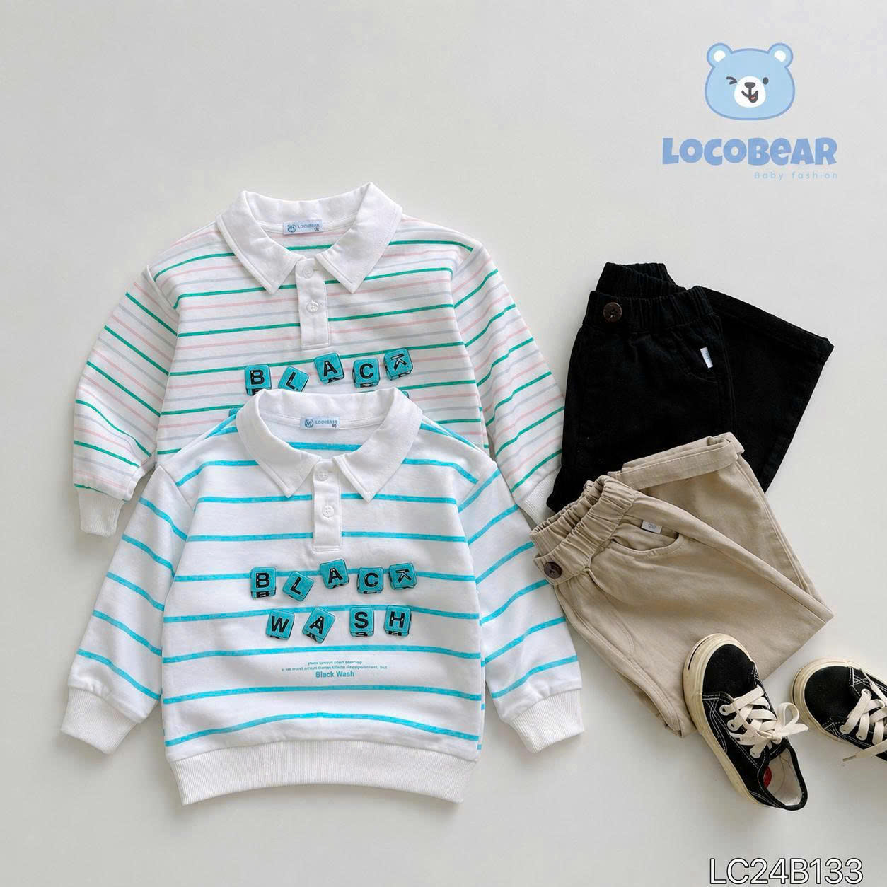 Set polo kẻ dài tay in chữ black wash LOCOBEAR