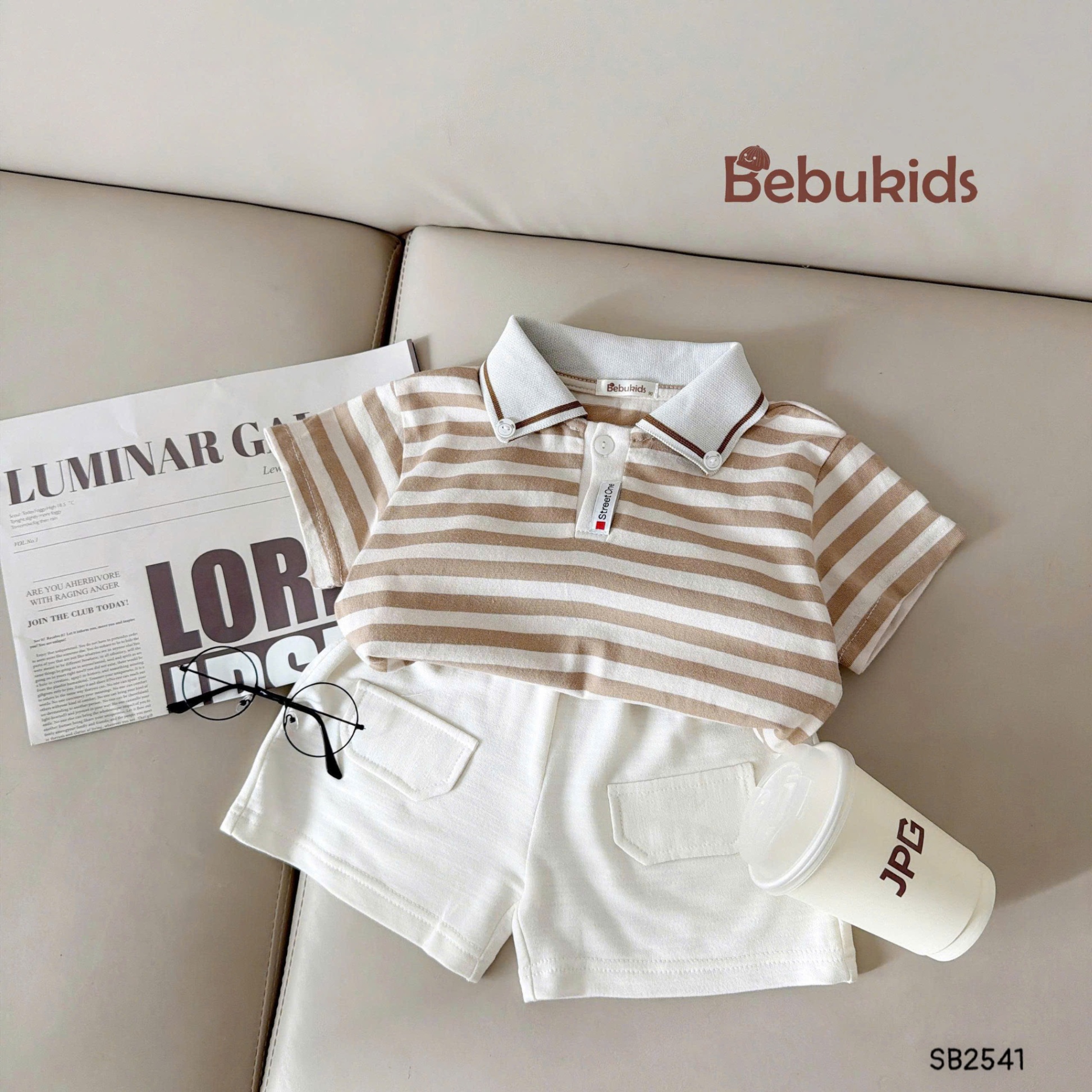 Set polo kẻ ngang đính khuy cổ BEBUKIDS