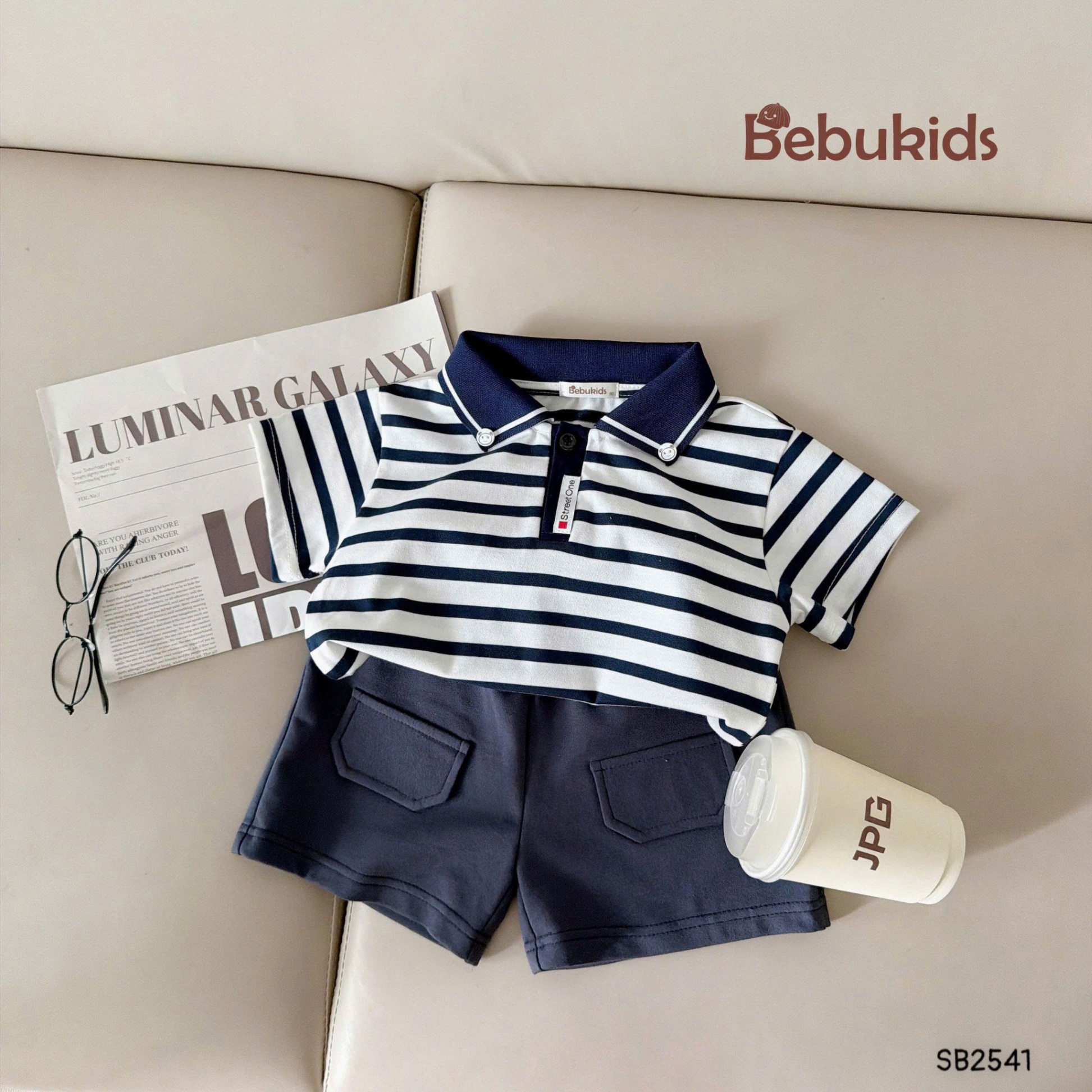 Set polo kẻ ngang đính khuy cổ BEBUKIDS