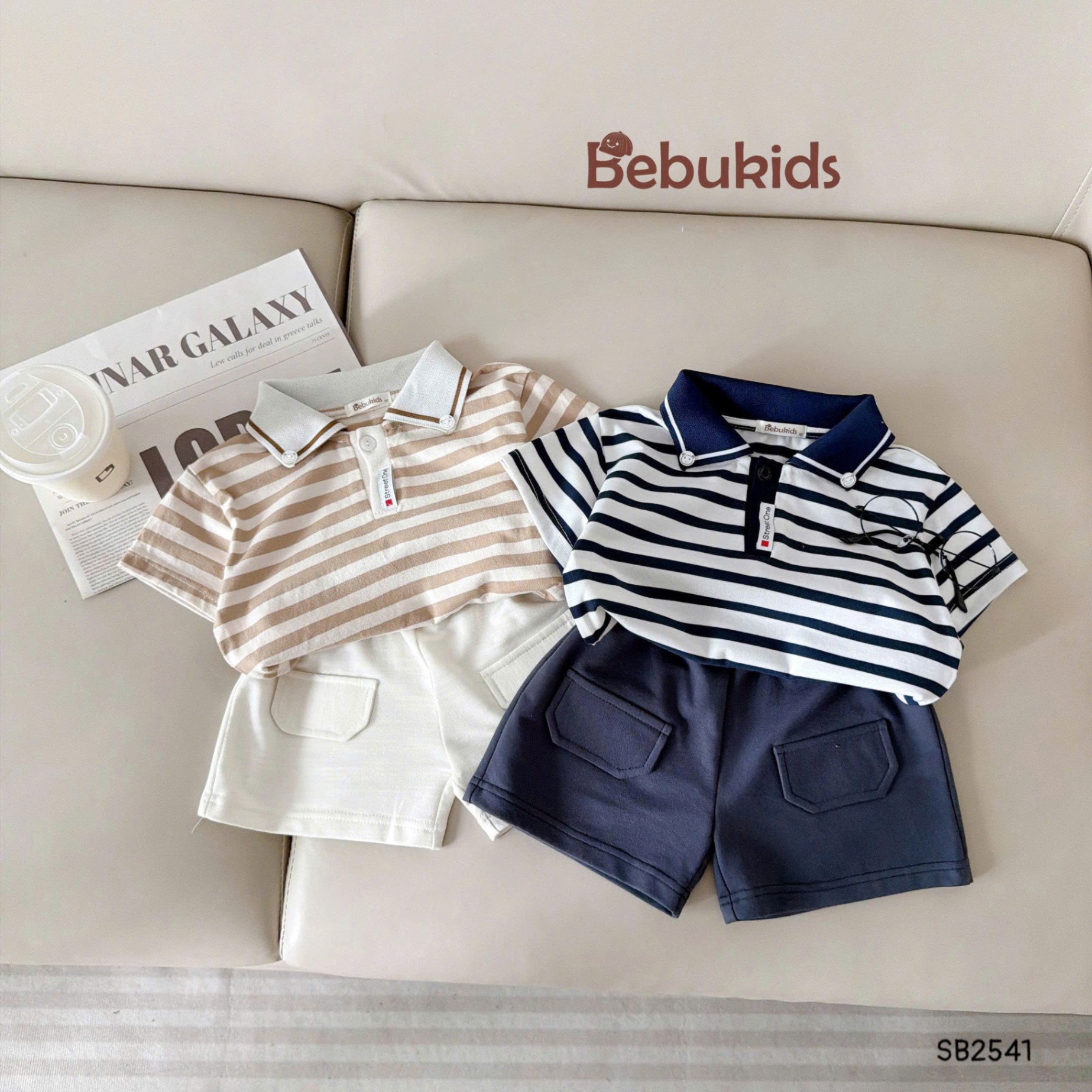 Set polo kẻ ngang đính khuy cổ BEBUKIDS