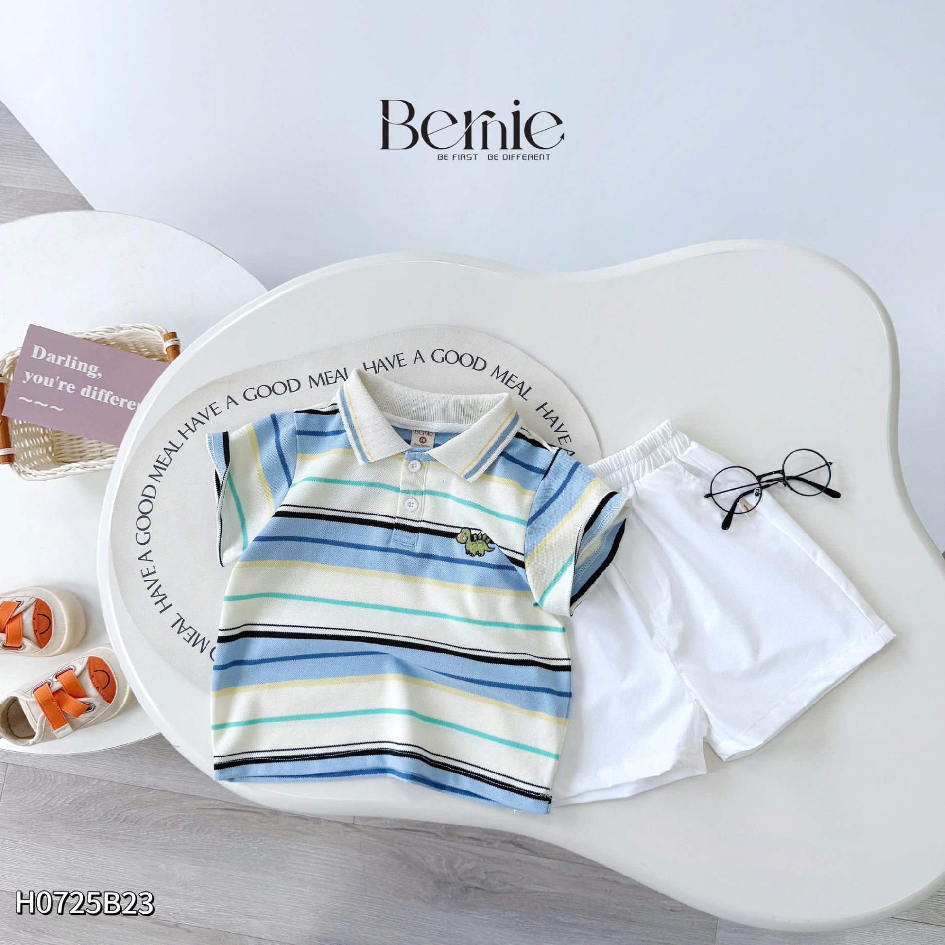 Set polo kẻ ngang thêu khủng long xanh Bernie