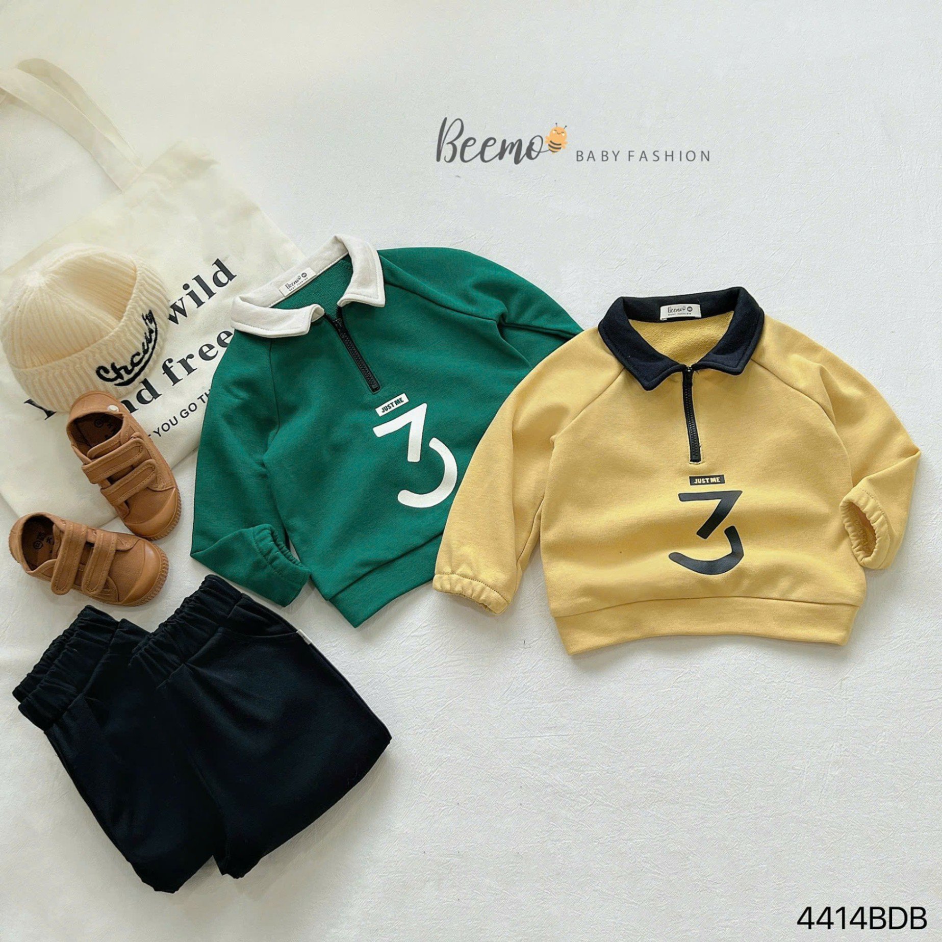 Set polo nỉ da cá phối khóa cổ just me 3 dài tay Beemo cho bé